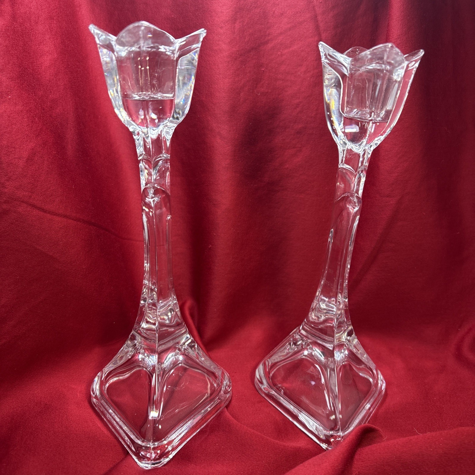 Vintage glass Tulip Shaped Candlestick Holders Clear Tulips (pair)
