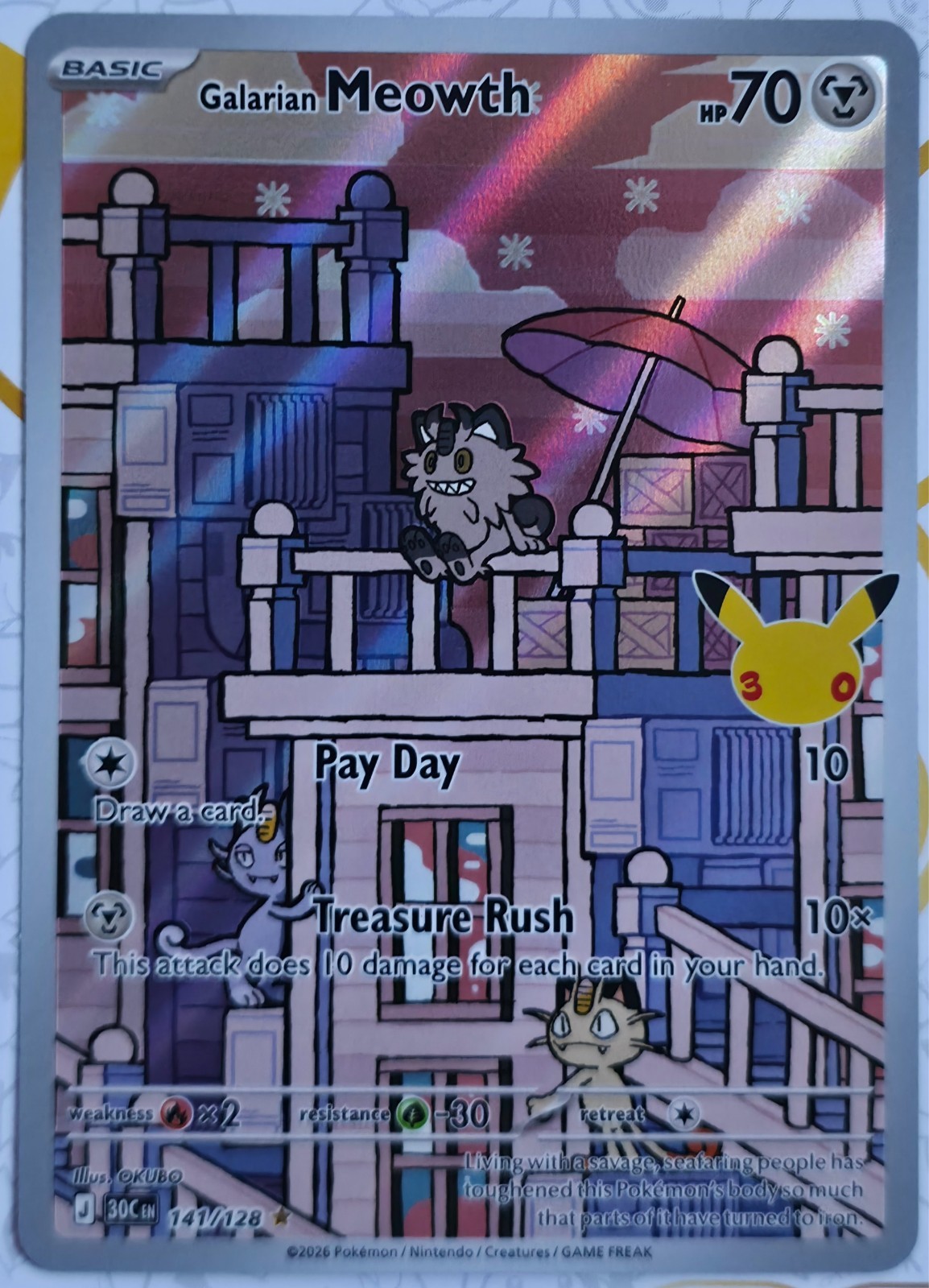 141/128 Galarian Meowth IR Pokémon TCG 30th Anniversary Celebration Pack Fresh
