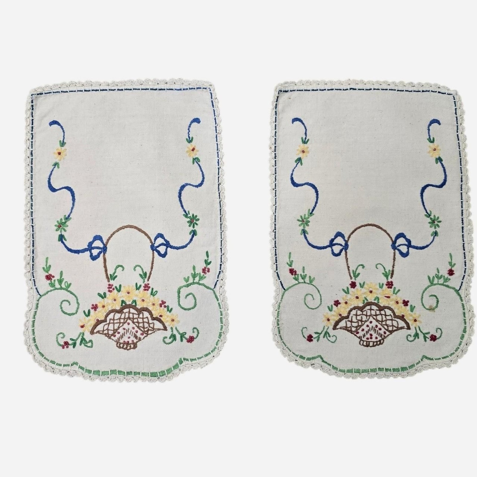 Vintage Art Deco hand-embroidered linen doilies dresser scarves/armrest covers