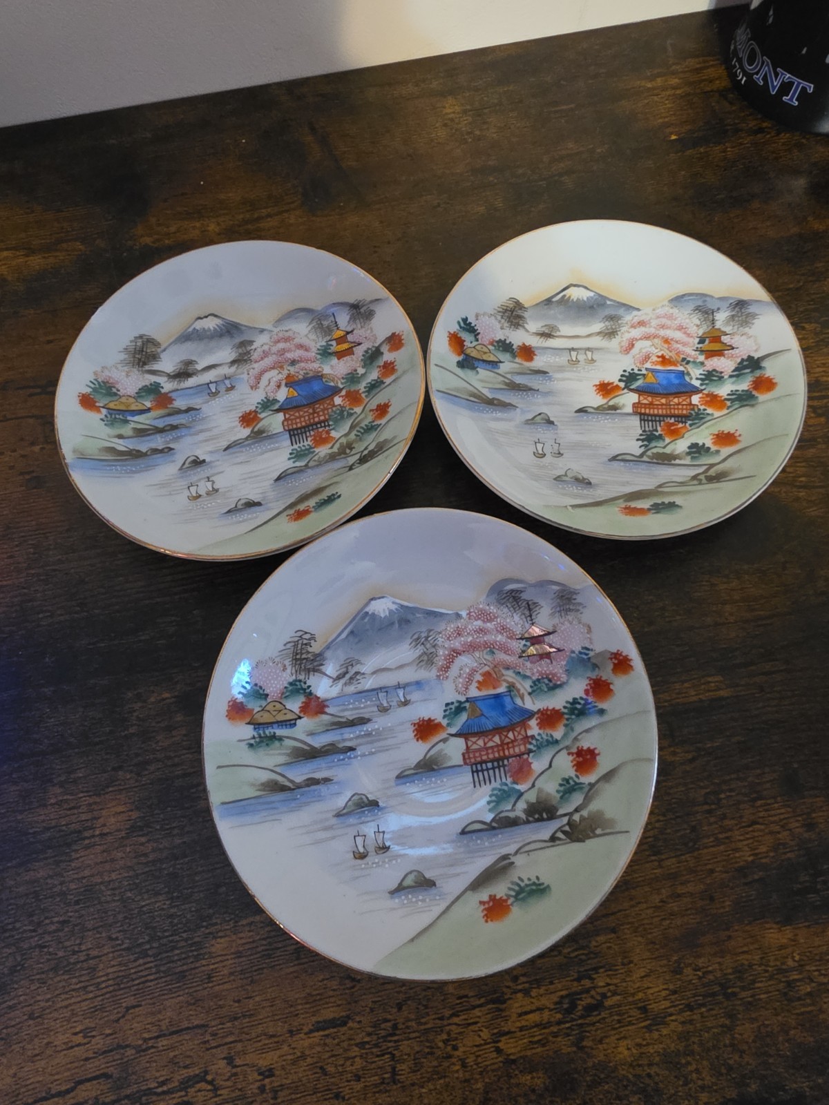 3 Vintage Japanese Kutani Saucers Mt Fuji Pagoda Hand Painted Porcelain Plates