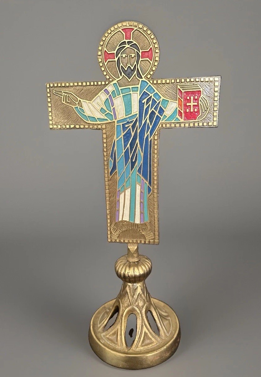 Altar Cross Brass & Enamel Crucifix Terra Sancta Handmade Israel 13