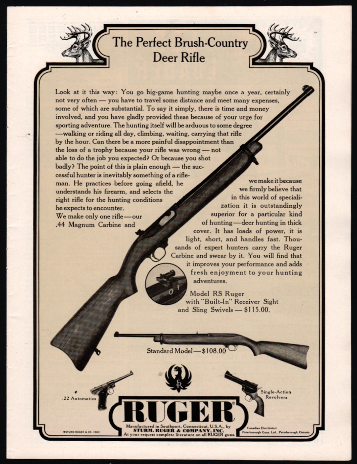 1963 RUGER Model RS Deer Rifle PRINT AD w/Standard Model shown w/original prices