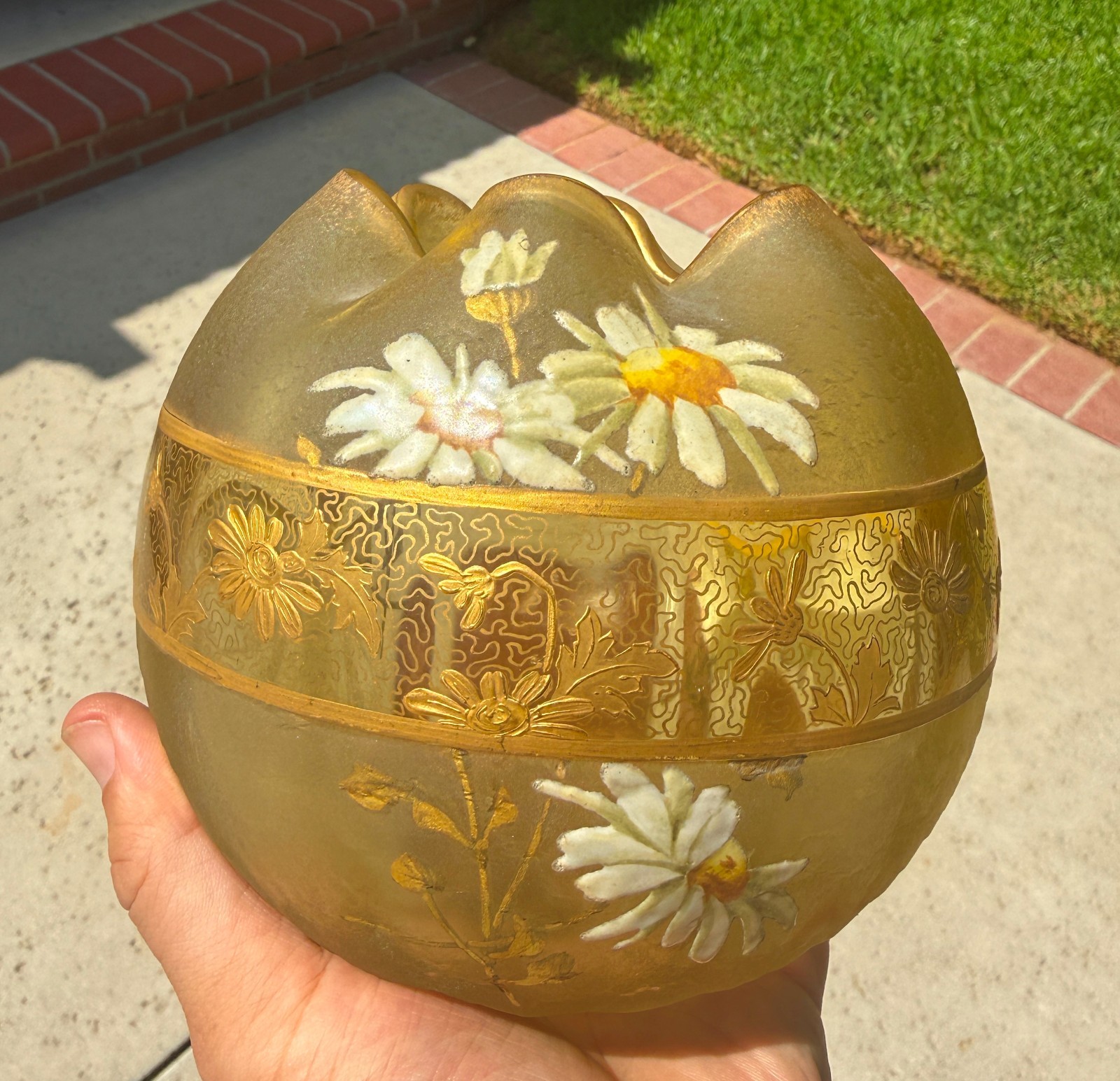 Antique Mont Joye Enamel Flower Acid Etched Art Glass Vase