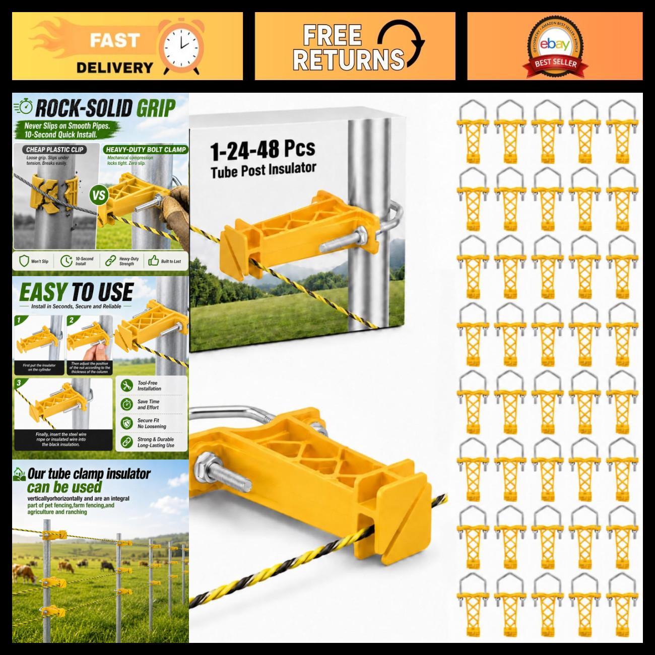 48 Pcs Electric Fence T Post Insulator - Yellow Tube for Chain Link Fencing