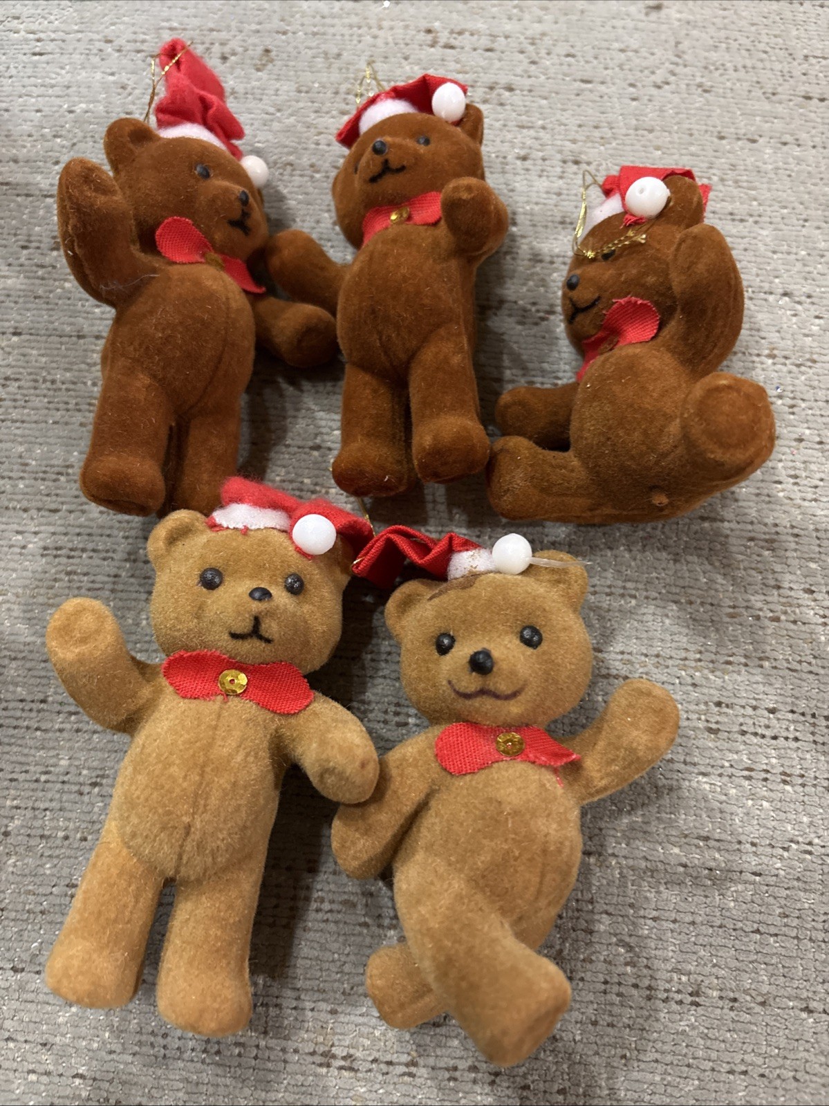 VTG Set of 5 Flocked Fuzzy Teddy Bears w/Santa Hats Christmas Ornaments Lot 3