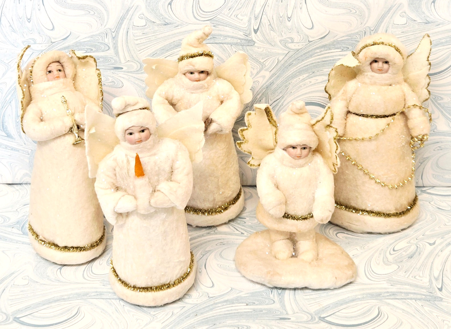#4 Lot of 5 Vintage Christmas Angels Cotton Batting & Bisque Faces  6 - 8
