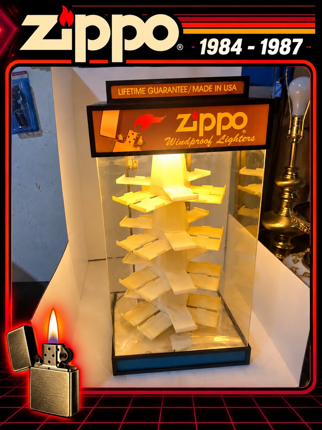 Vintage 1980s Zippo Grimm Industries Lighted Rotating Lighter Display Cabinet