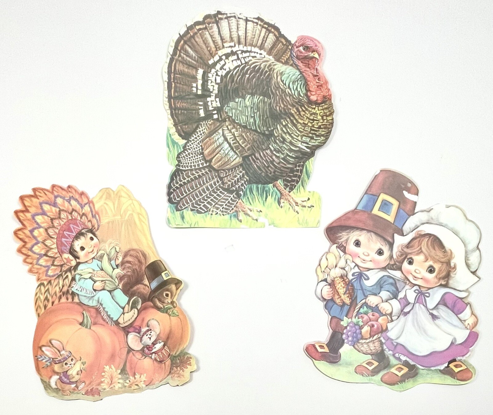 3x VTG EUREKA Paper THANKSGIVING Window Wall Decorations Turkey Pilgrim Indian