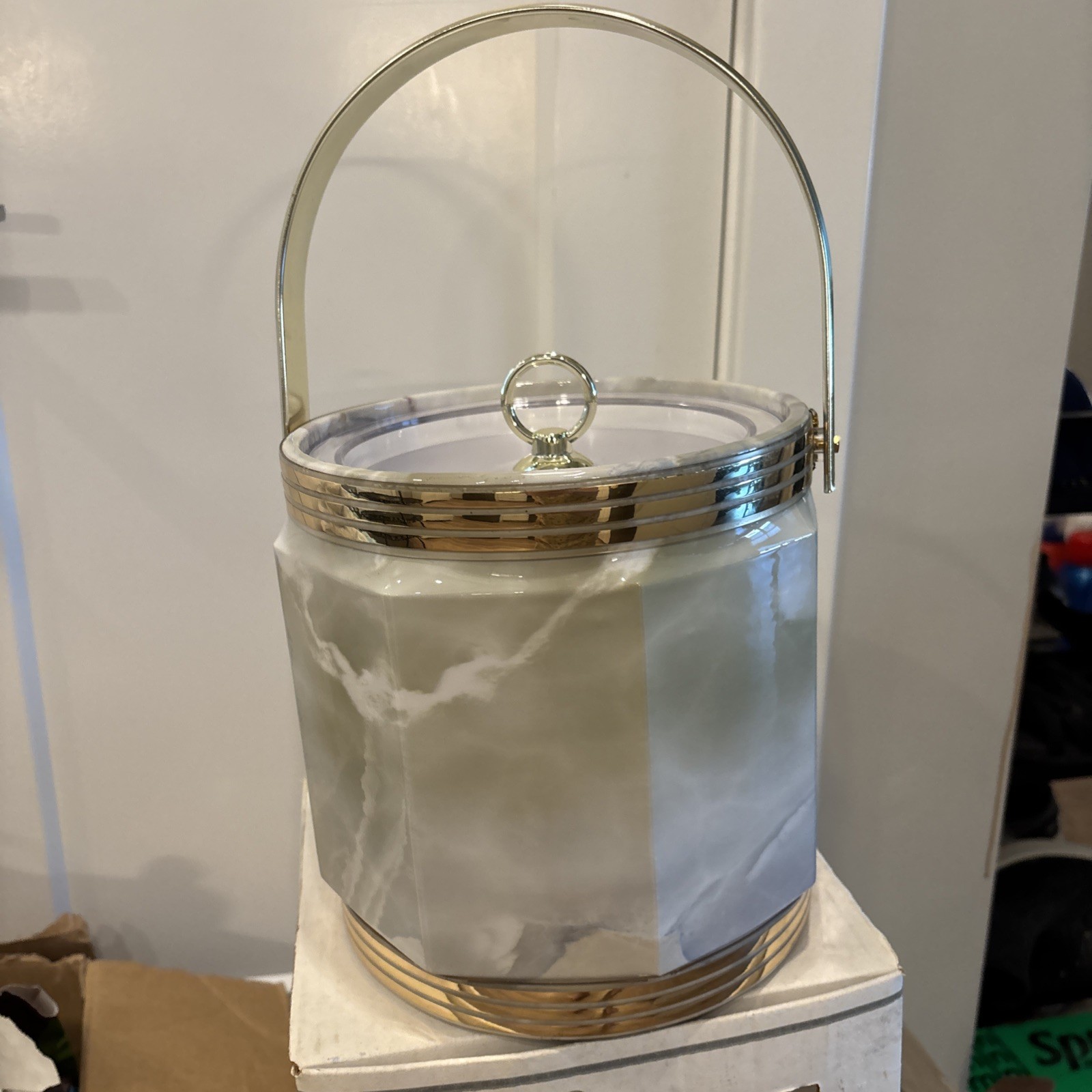 Vintage Ice Bucket Marble Pattern Gold accents made by Custom Deco Inc.