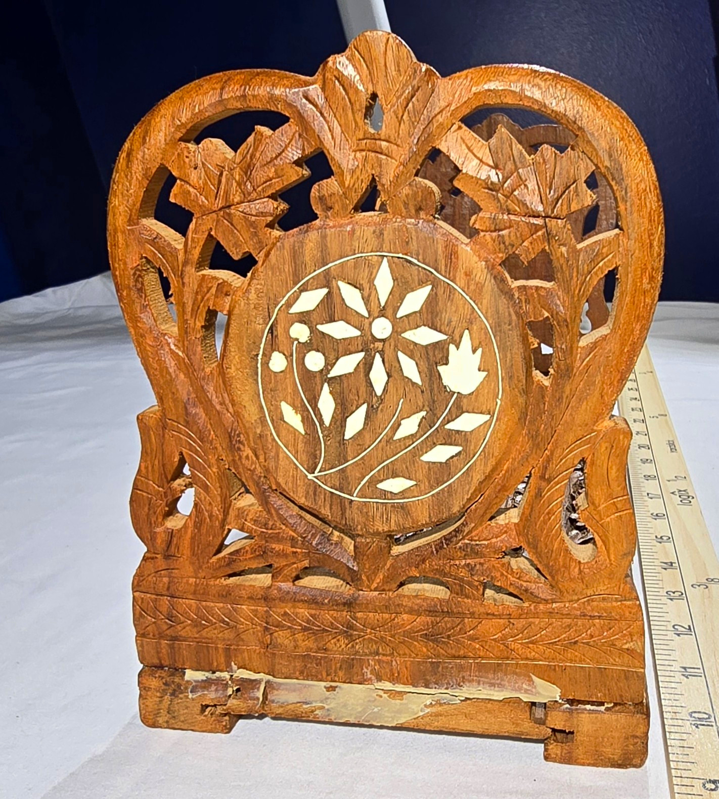 Vintage Indian Hand-Carved Expanding Book Rack Folding Wooden Bookshelf 
