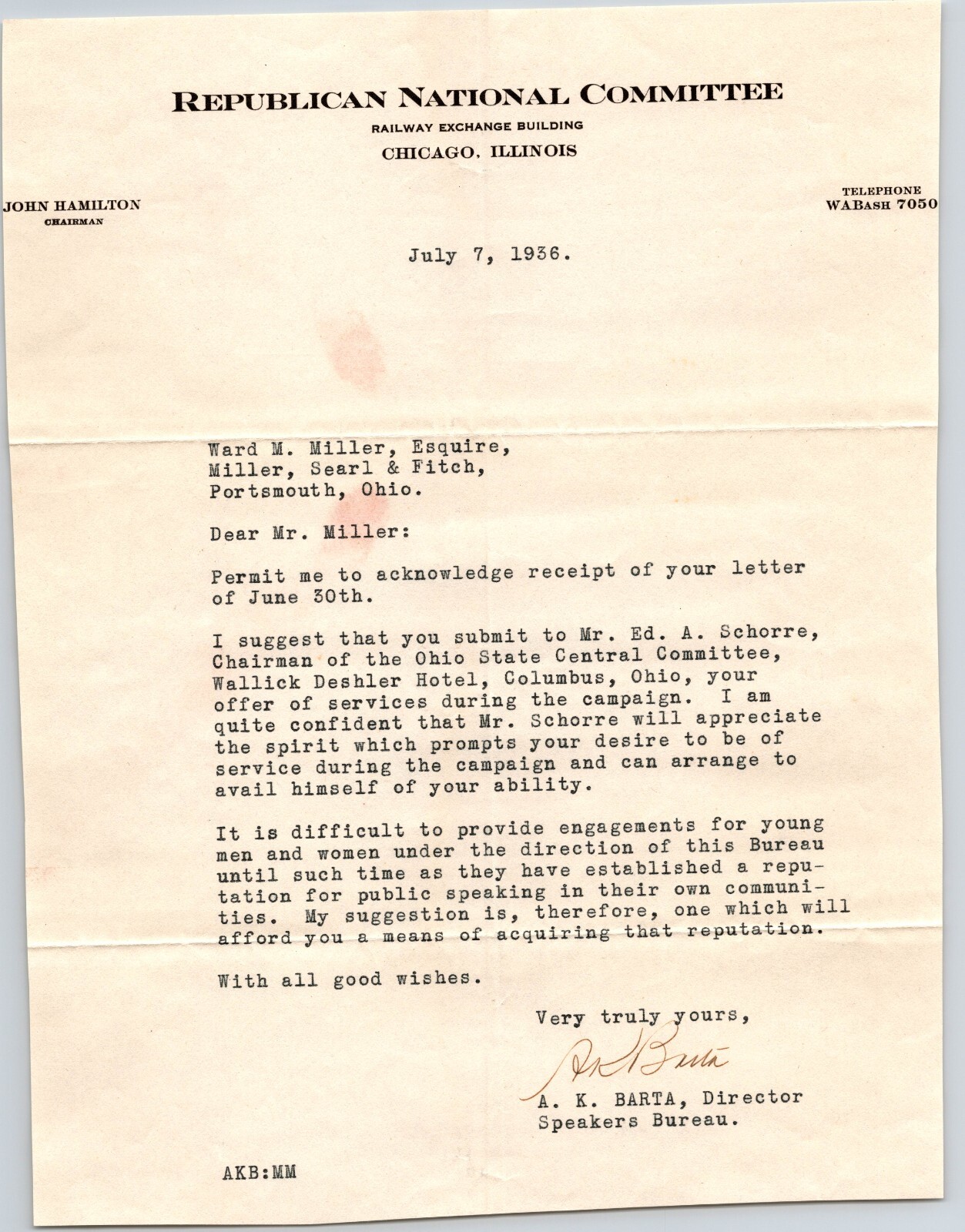 1936 Letter to Republican National Committee Lawyer Law Firm Portsmouth, Ohio