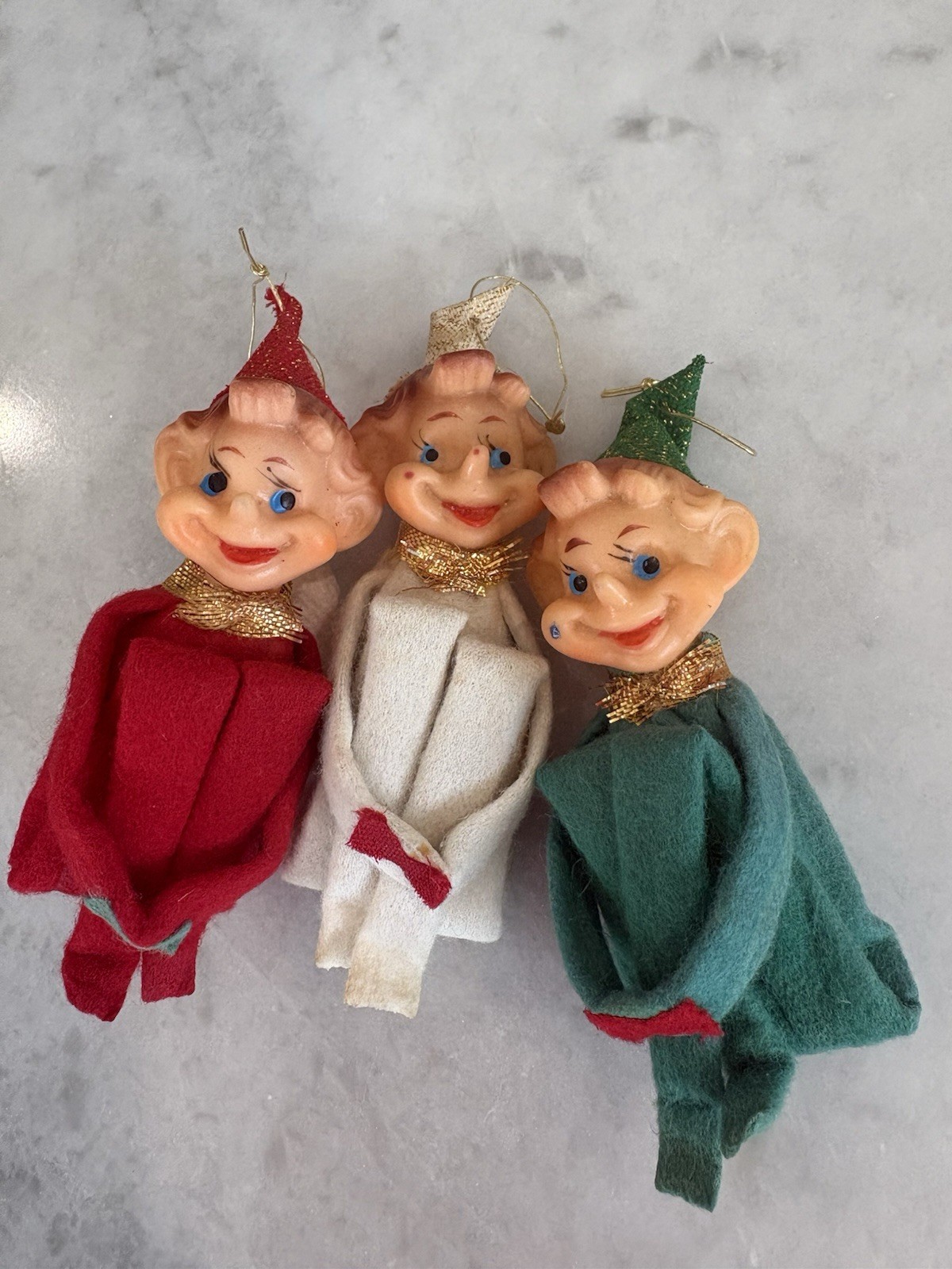 Vintage 1950\'s Knee Hugging Elf Pixie Set Of 3 Christmas Ornaments Japan