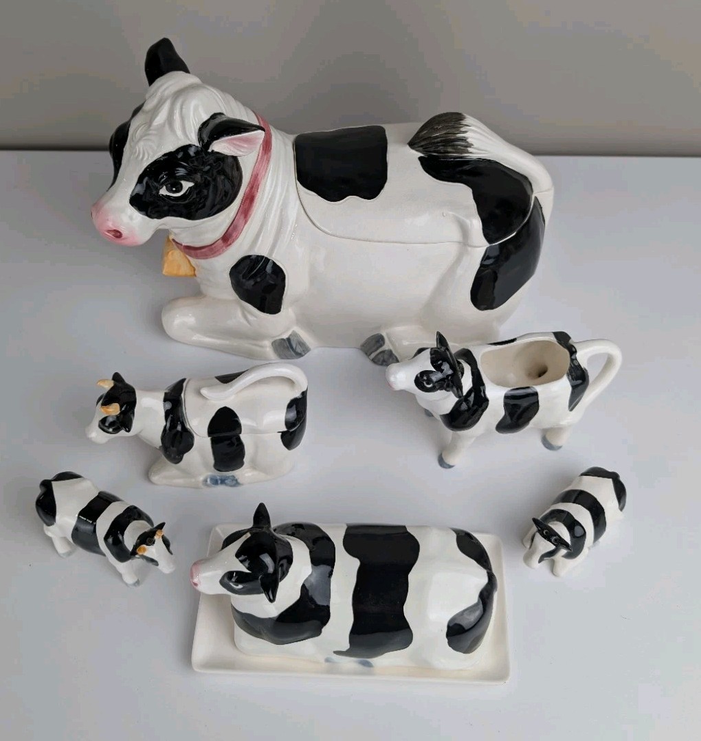 Vintage Otagiri Japan Holstein Cow Kitchen Set Cookie Jar Butter Cream Sugar S&P