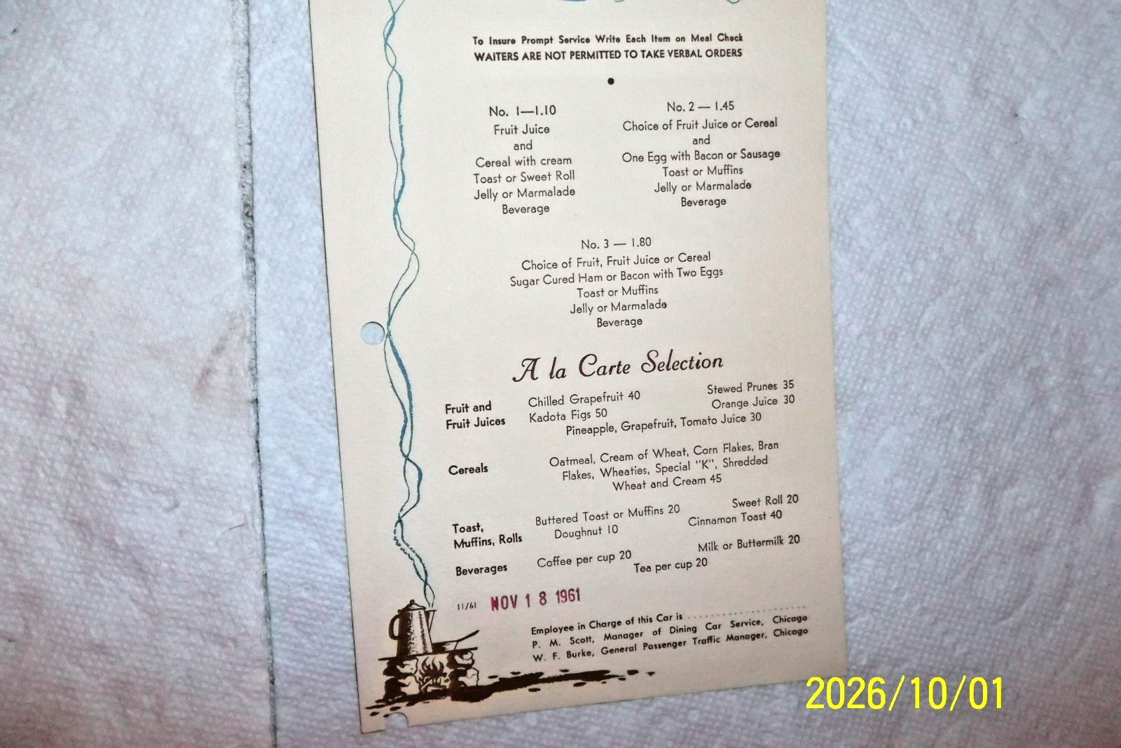 ORIGINAL 1961 BURLINGTON RAILROAD DENVER ZEPHYR CHUCKWAGON BREAKFAST MENU CARD