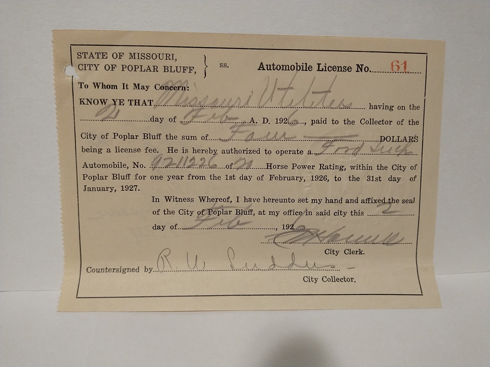 Antique Original 1926 Missouri Car Operator's Paper Drivers License Ford 