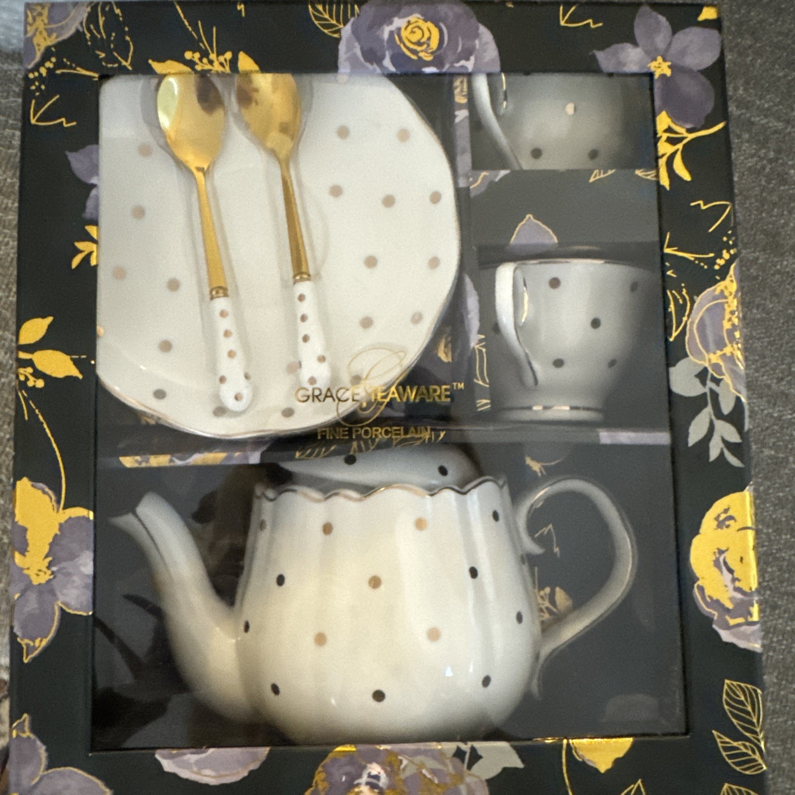 NIB Box Grace Teaware Tea Set Fine Porcelain 7 Piece Bright Blue Floral Nice