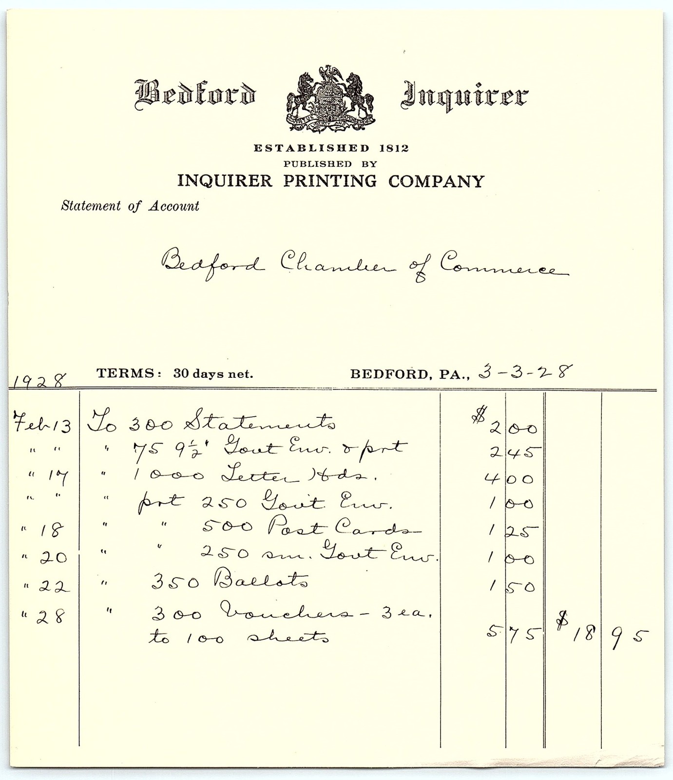 1928 Bedford Inquirer Printing Co. billhead, blank back