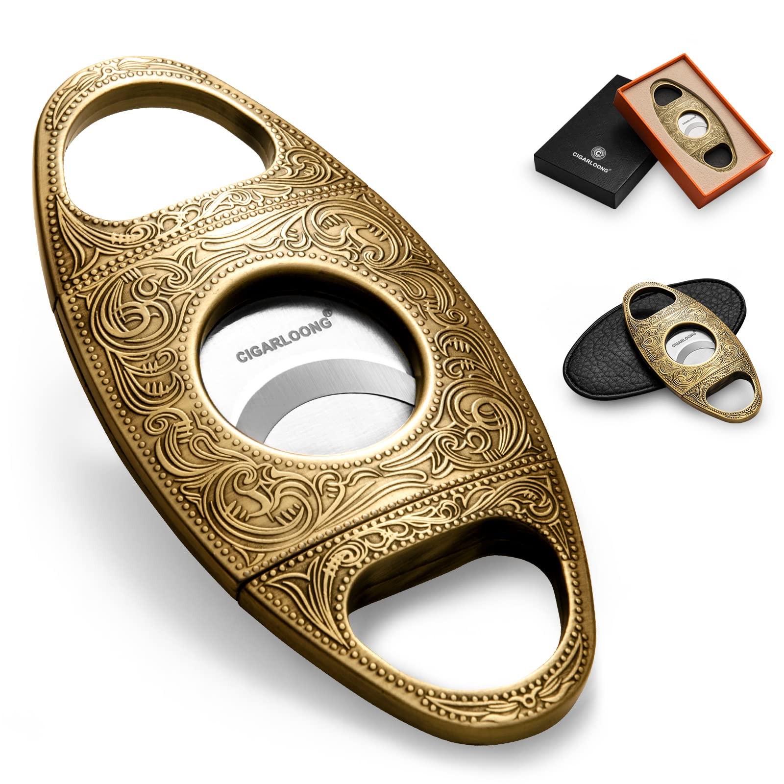 Cigar Cutter Stainless Steel Bronze Engraved Double Cut Blade (Color:Gold1)