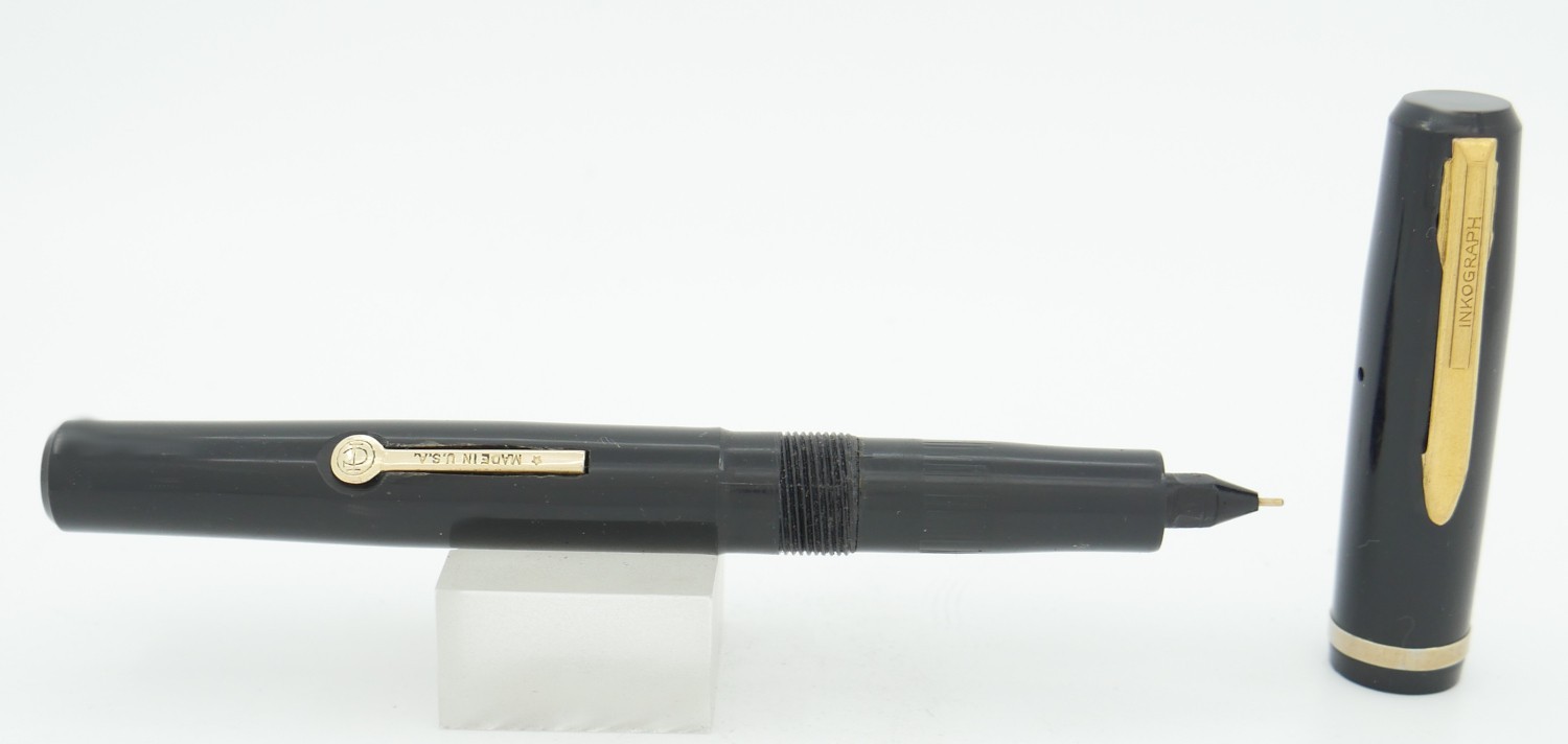 Inkograph #70-200 Black & Gold Stylographic Fountain Pen - 1940\'s