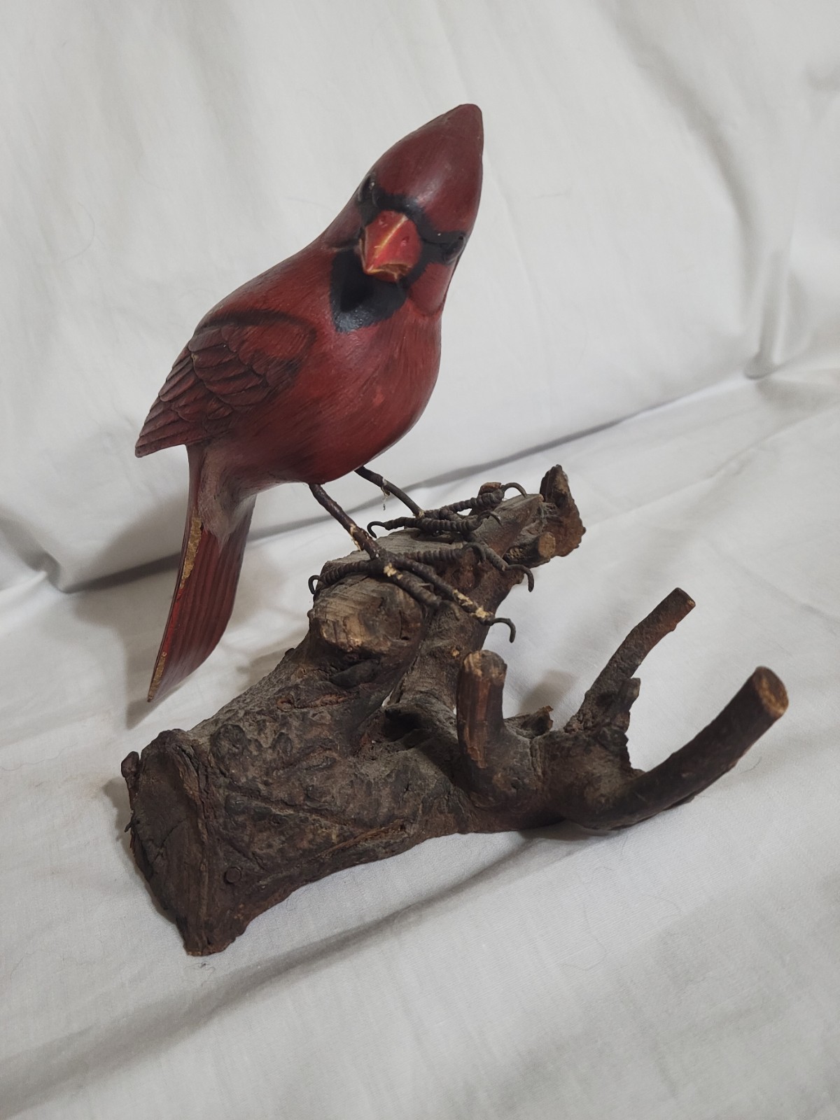 Vntg  Artist Made Wood Cardinal On Drift Wood Signed 7\
