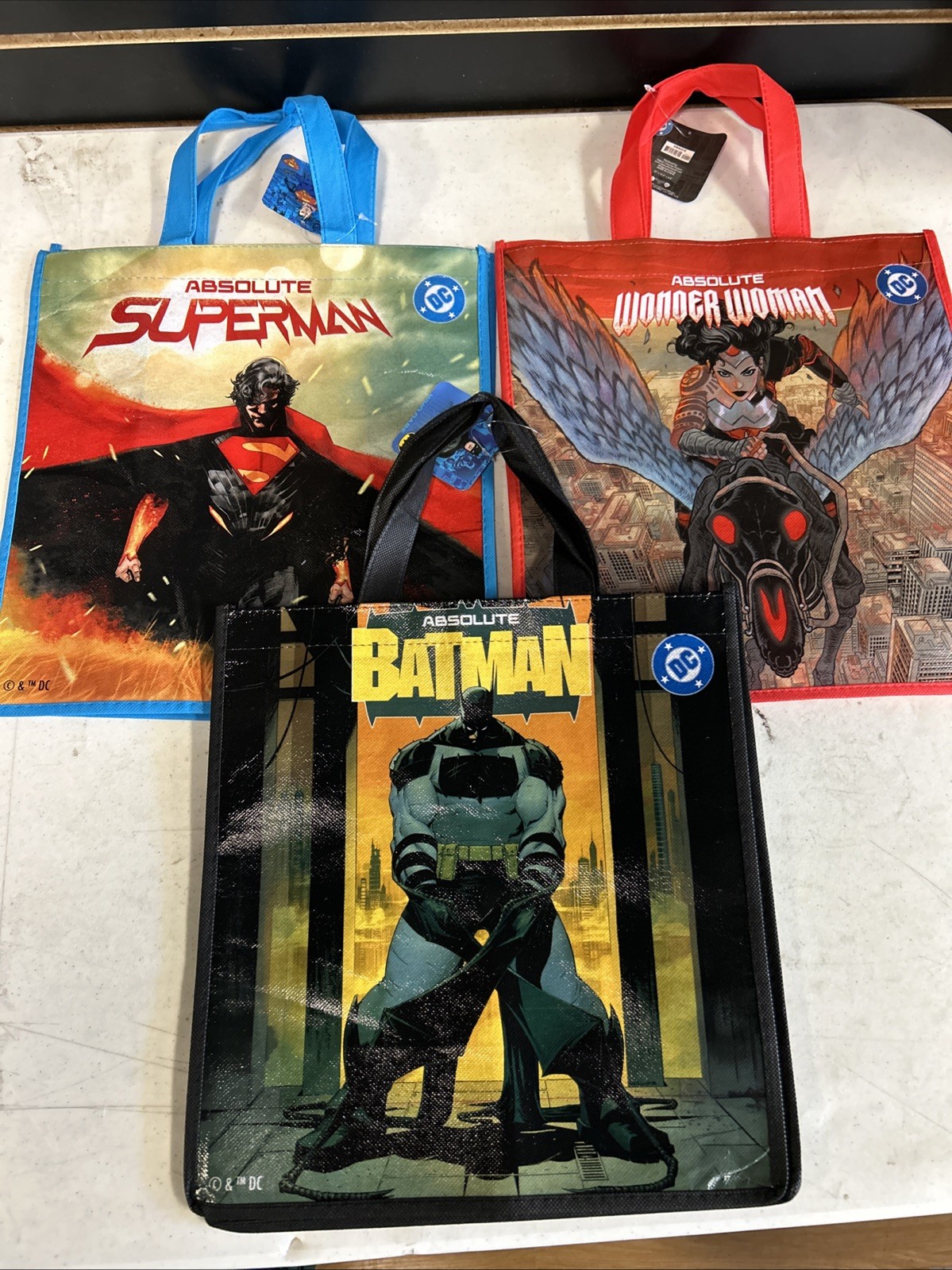 Absolute Batman , Superman, & Wonder Woman Reusable Tote Bag Set of 3 - NEW