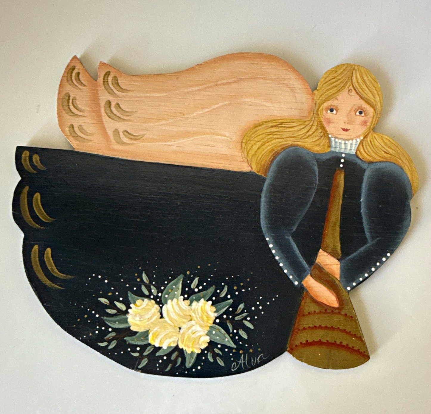 Hand Painted Signed Alva Wood Angel Figurine Wall Plaque Floral 10 in x 8 in