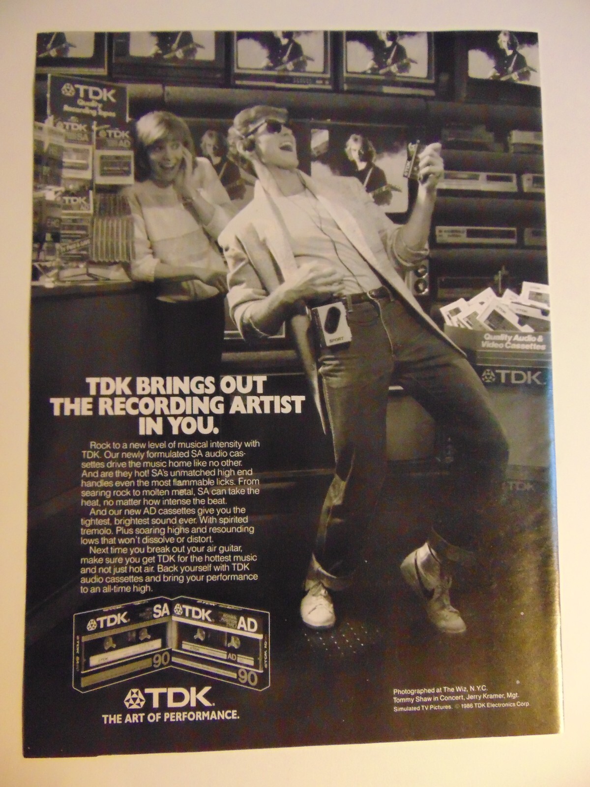 1986 TDK Cassette Tape Guy Plays Air Guitar vintage print ad
