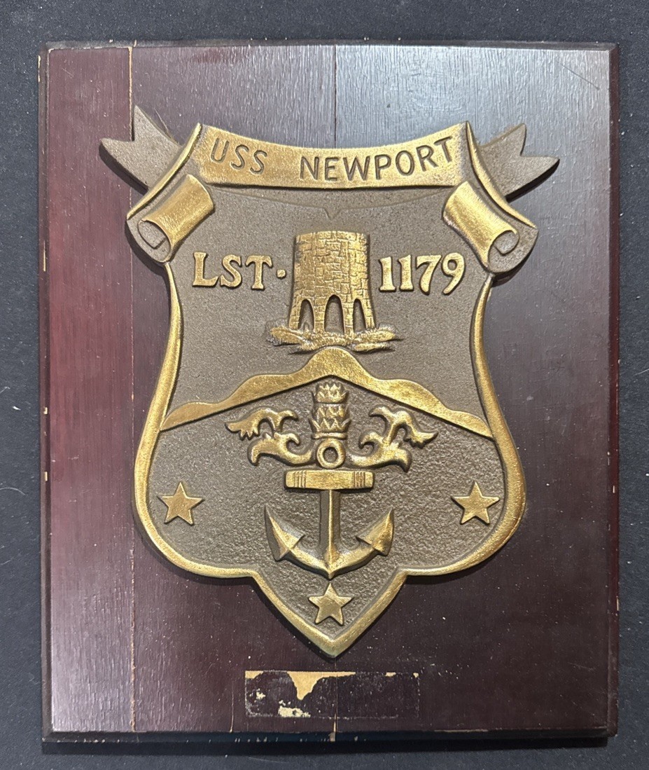 1960s Brass USS Newport News Ship Navy Plaque on Wood Mount - LST. 1179