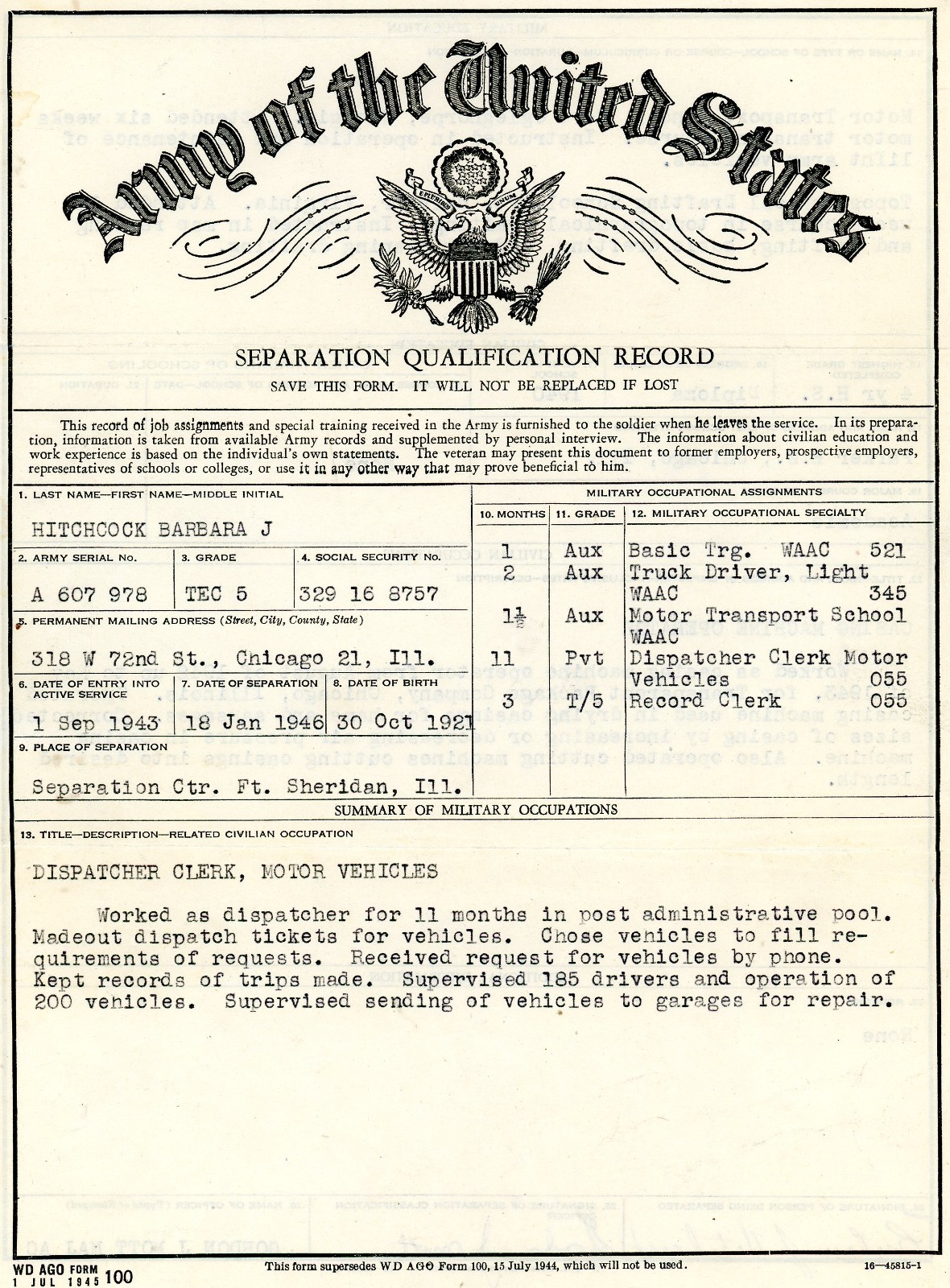 WWII 1944 WAC Separation Qualification Record, U.S. Army, & Photo of Her