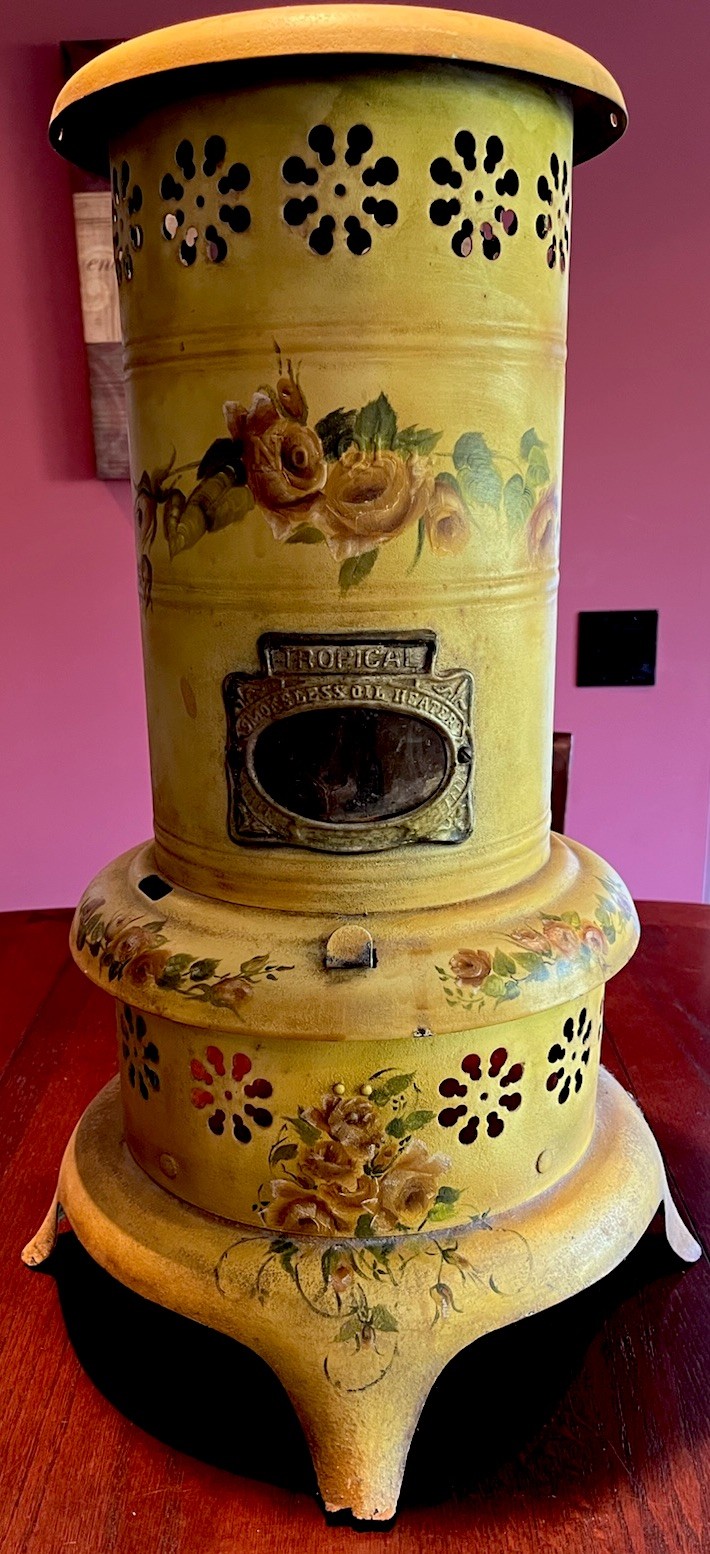 Antique Early 1900s TROPICAL Smokeless Oil Heater Rare Floral Design. 24”hx 15”w