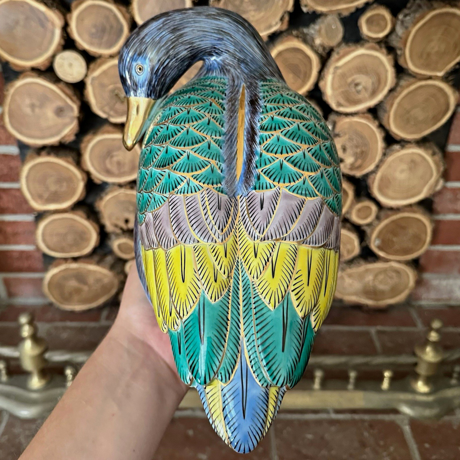Vintage Large Porcelain Hand Painted Duck Figurine Bird Statue Blue Green Yellow