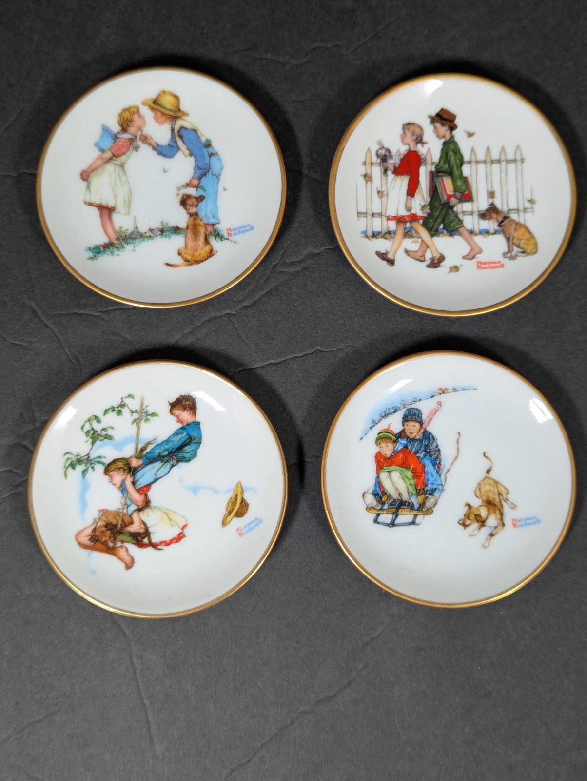 Vtg Set of (4) Gorham Norman Rockwell Four Seasons Series 1949 Mini Plates