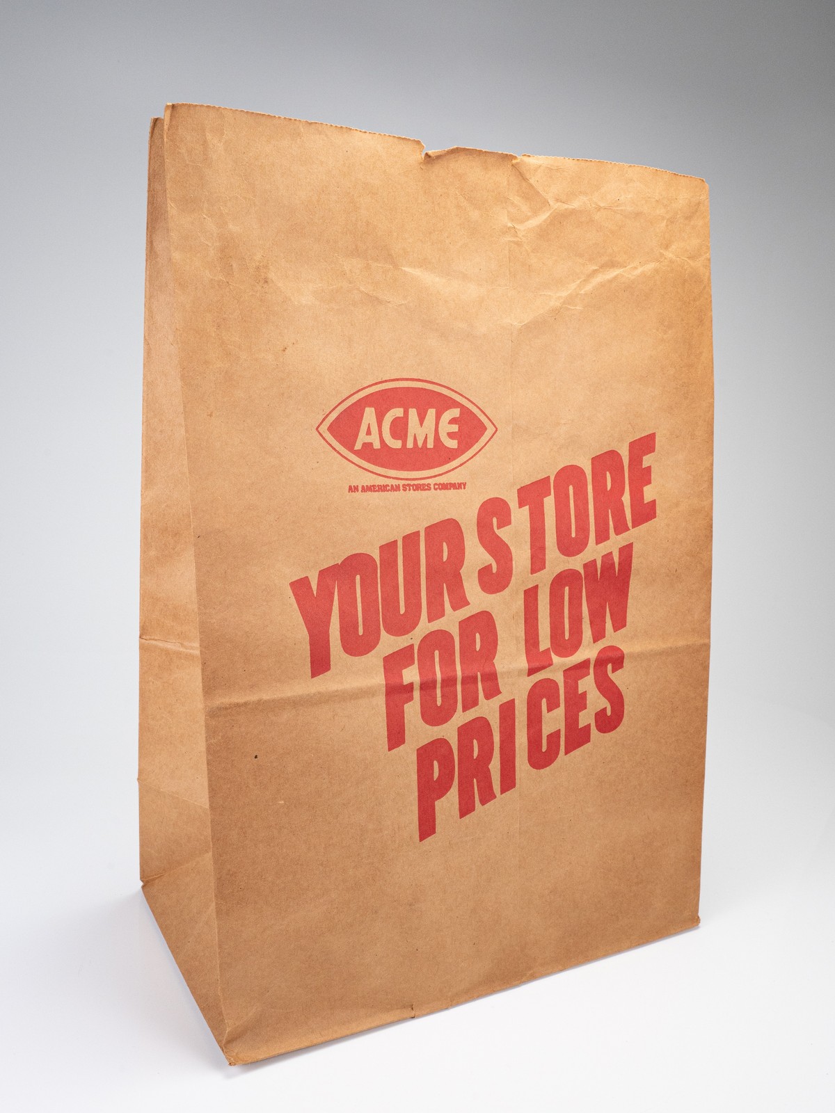 Vintage Acme Supermarket Store Brown Paper Grocery Shopping Bag Advertising Prop