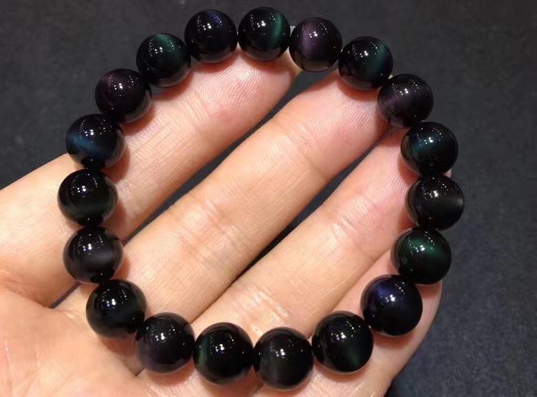 Natural Colorful Obsidian Cat's eye Gemstone Beads Bracelet AAAA 10mm