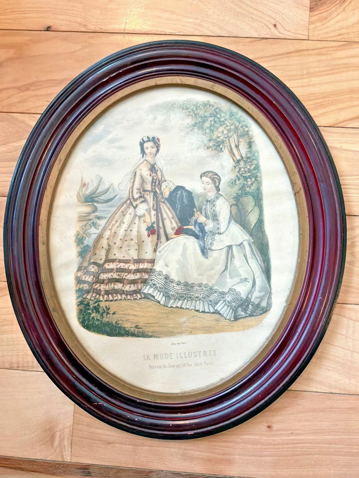 Antique La Mode Illustree French Fashion Print Victorian Ladies Oval Frame14x12”