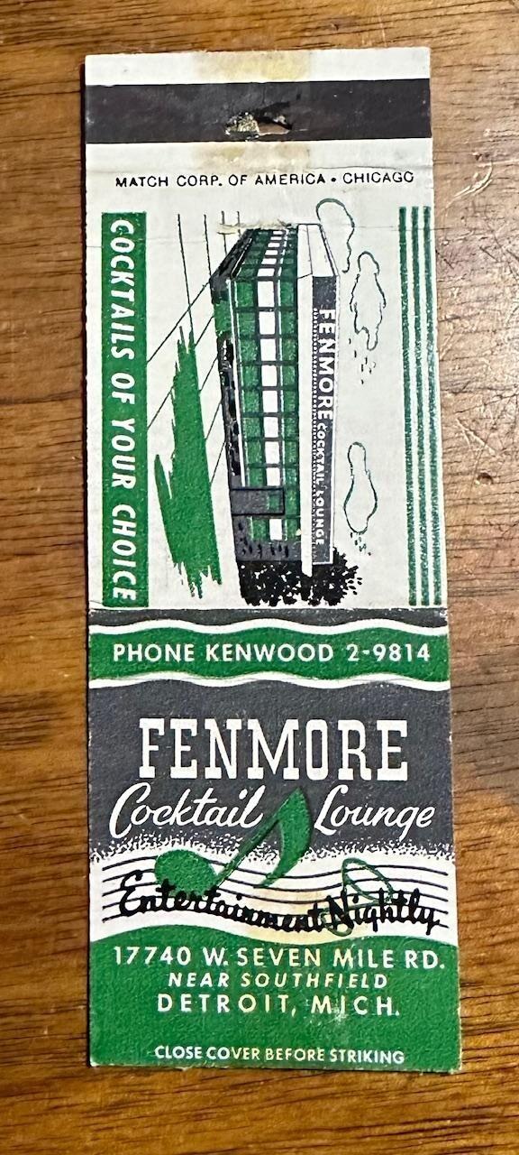 Vintage 1950s Empty Fenmore Cocktail Lounge Detroit MI Advertising Match Cover