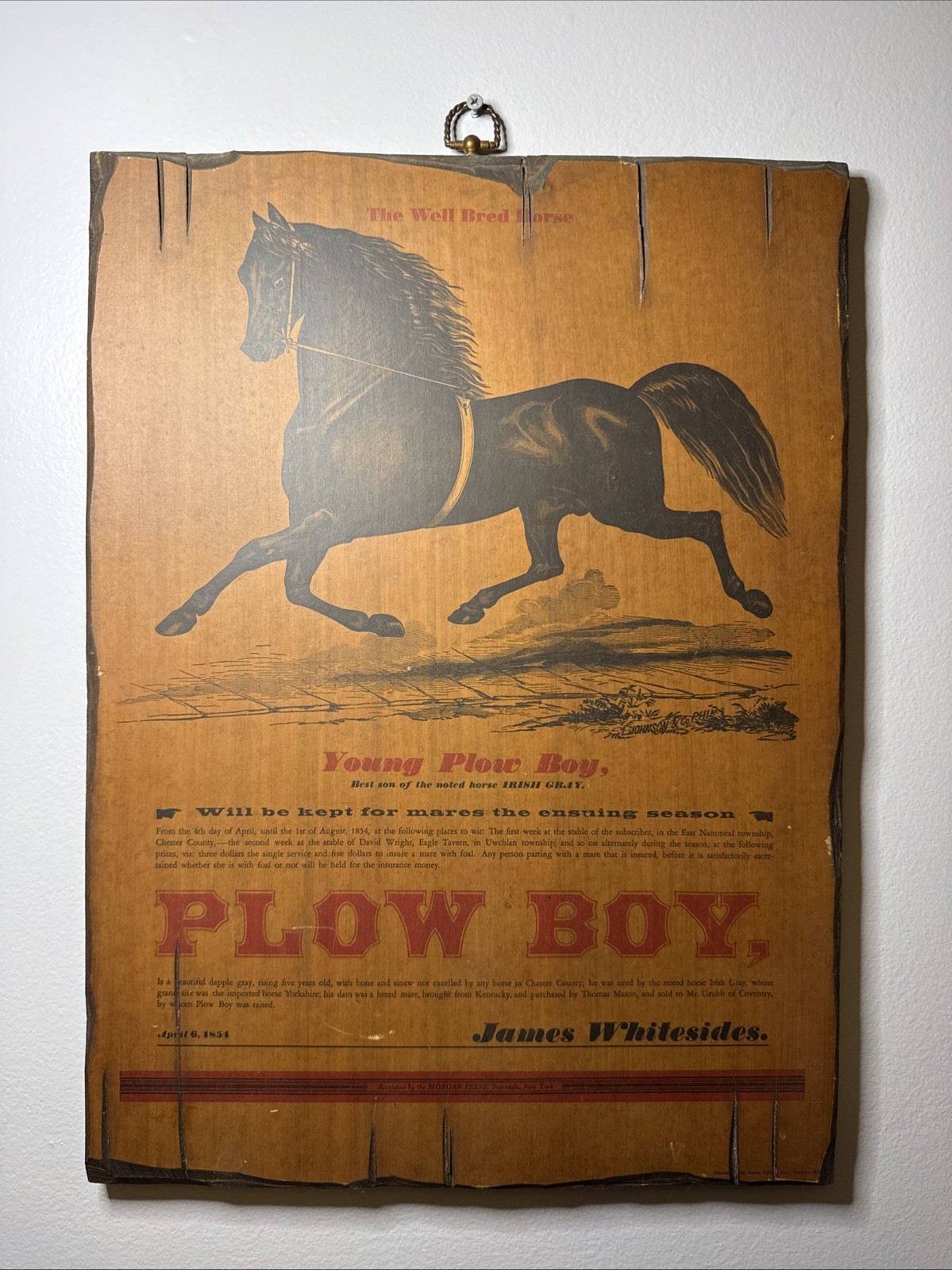 VTG 1854 Young Plow Boy Horse Breeding Ad Wood Wall Hanging Equestrian 20.5”x15”
