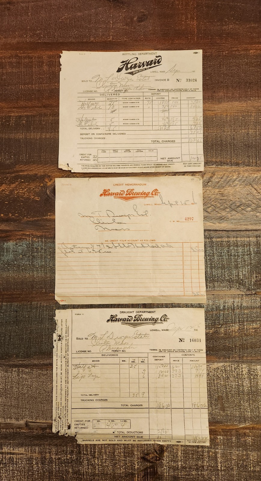 Vintage Rare Harvard Brewing Company Receipt Invoice Lot Lowell Mass