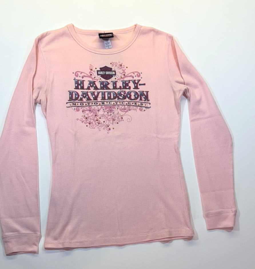 Pink Harley Davidson Women\'s Long Sleeve Thermal Shirt With Rhinestones Size (L)