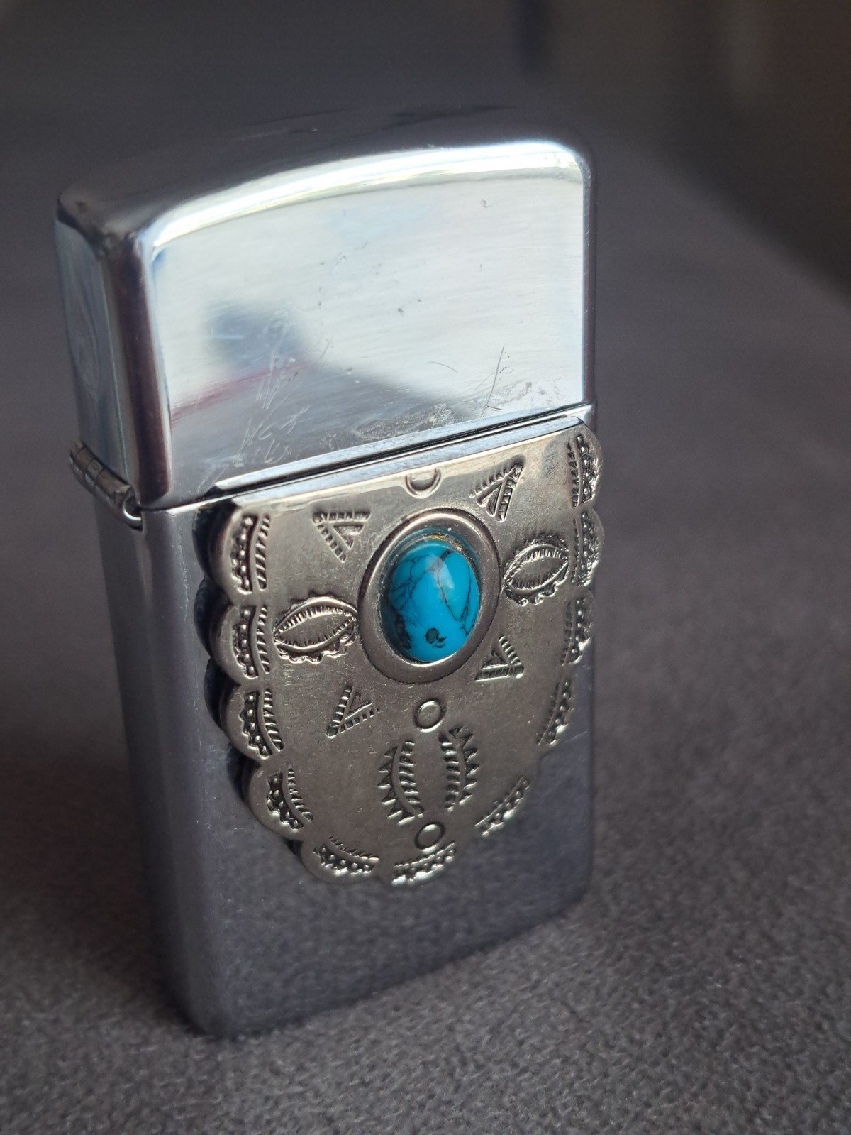 Vintage 1999 Zippo Slim Lighter Cherokee Southwest Turquoise Emblem