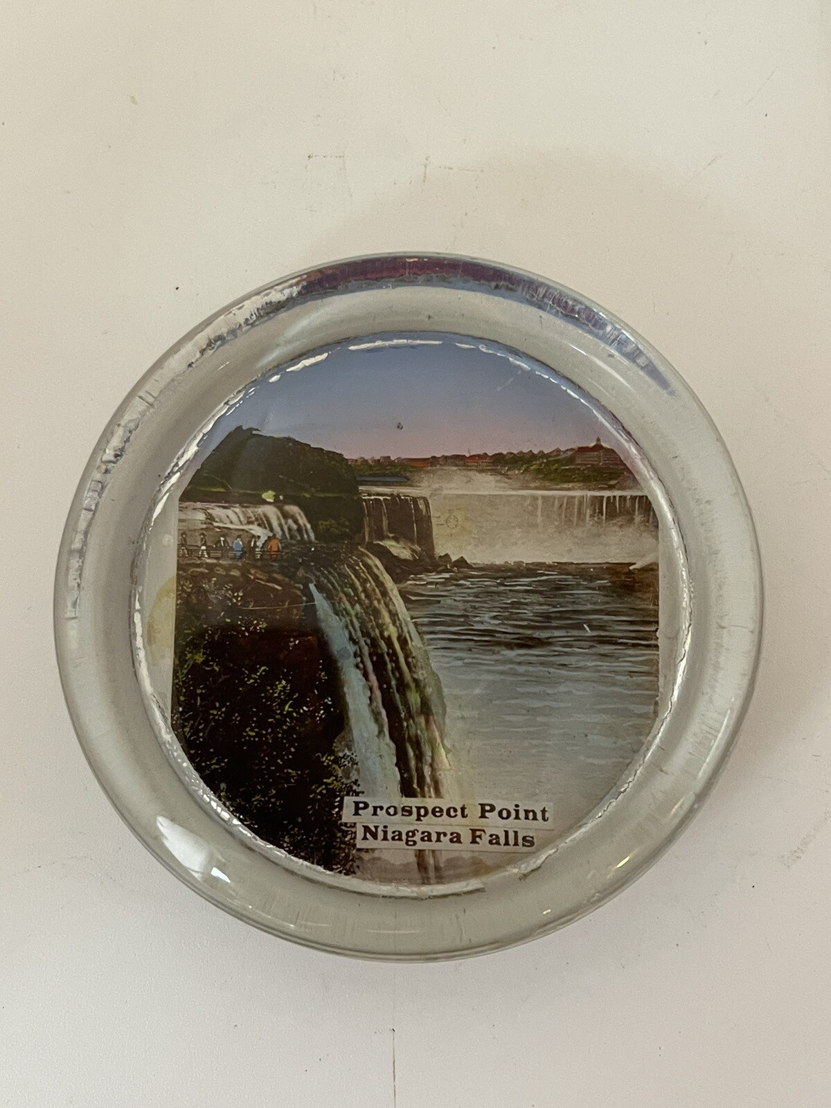 Vintage NIAGARA FALLS Prospect Point Reverse Paint GLASS PAPERWEIGHT Souvenir