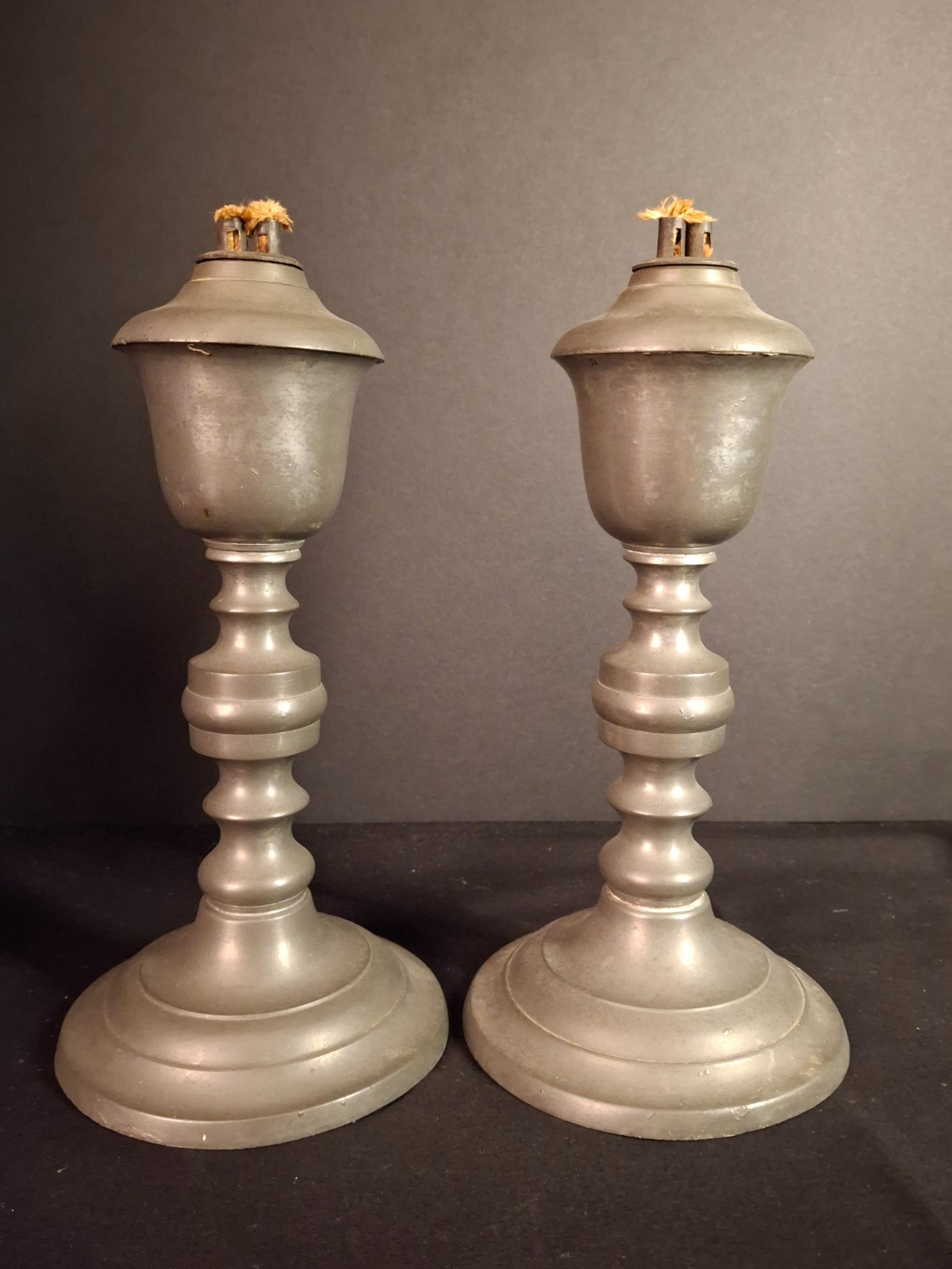 Pair Antique 1840s Freeman Porter Pewter Whale Oil Lamps Westbrook Maine No. 1