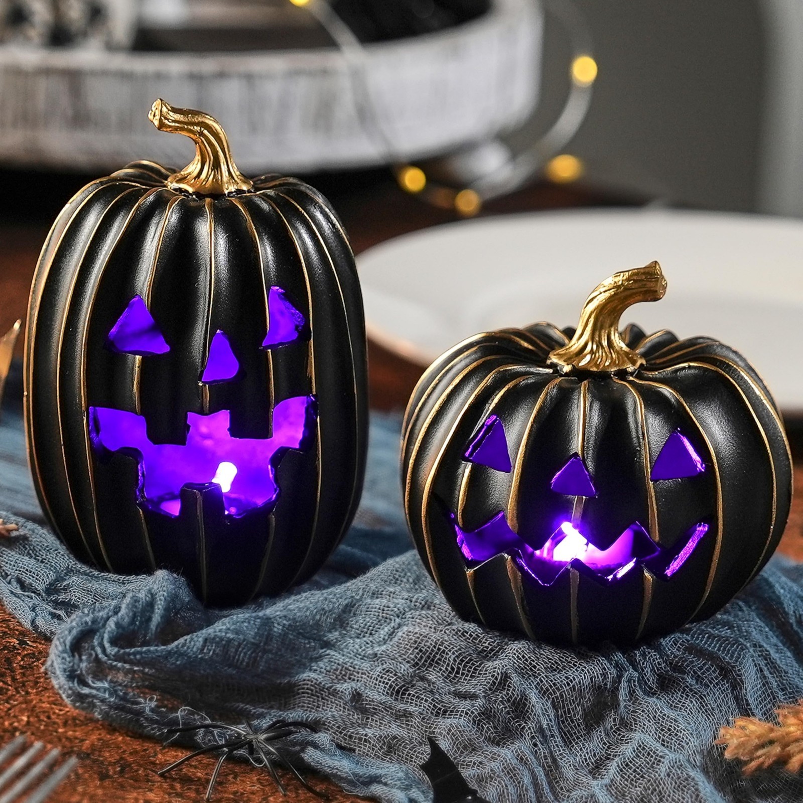 Light Up Black Jack O'Lantern Pumpkins - Indoor Halloween Decor, Spooky Party De