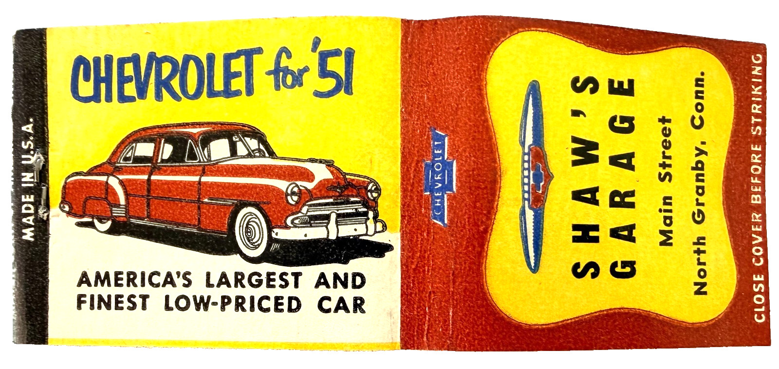 1951 Chevrolet Powerglide Advertising Matchbook Shaw's Garage North Granby CT