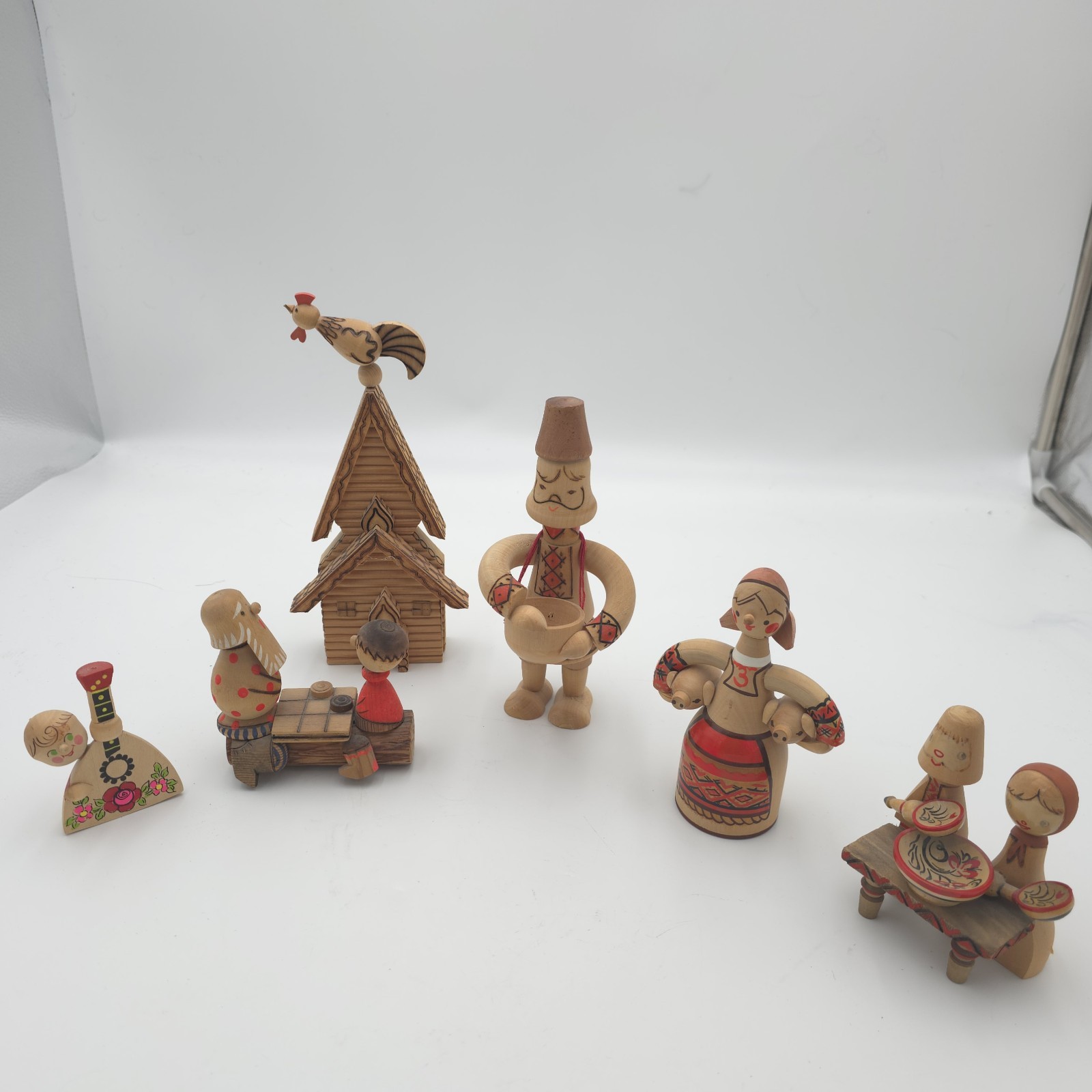 Vintage USSR Wooden Folk Art Figurines Lot Russian Hand Painted Dolls House