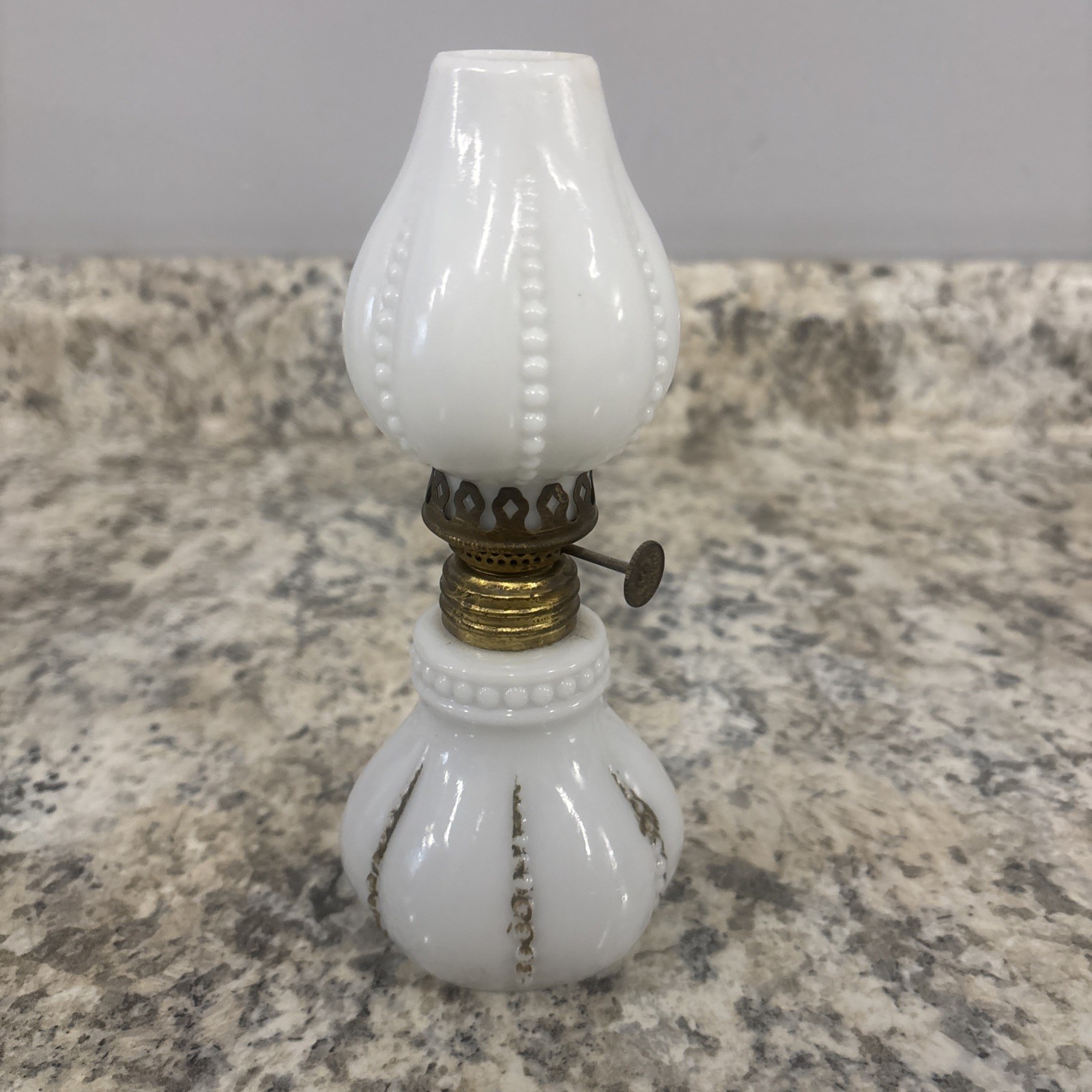 Antique P&A Acorn Milk Glass Embossed Beaded Miniature Oil Lamp