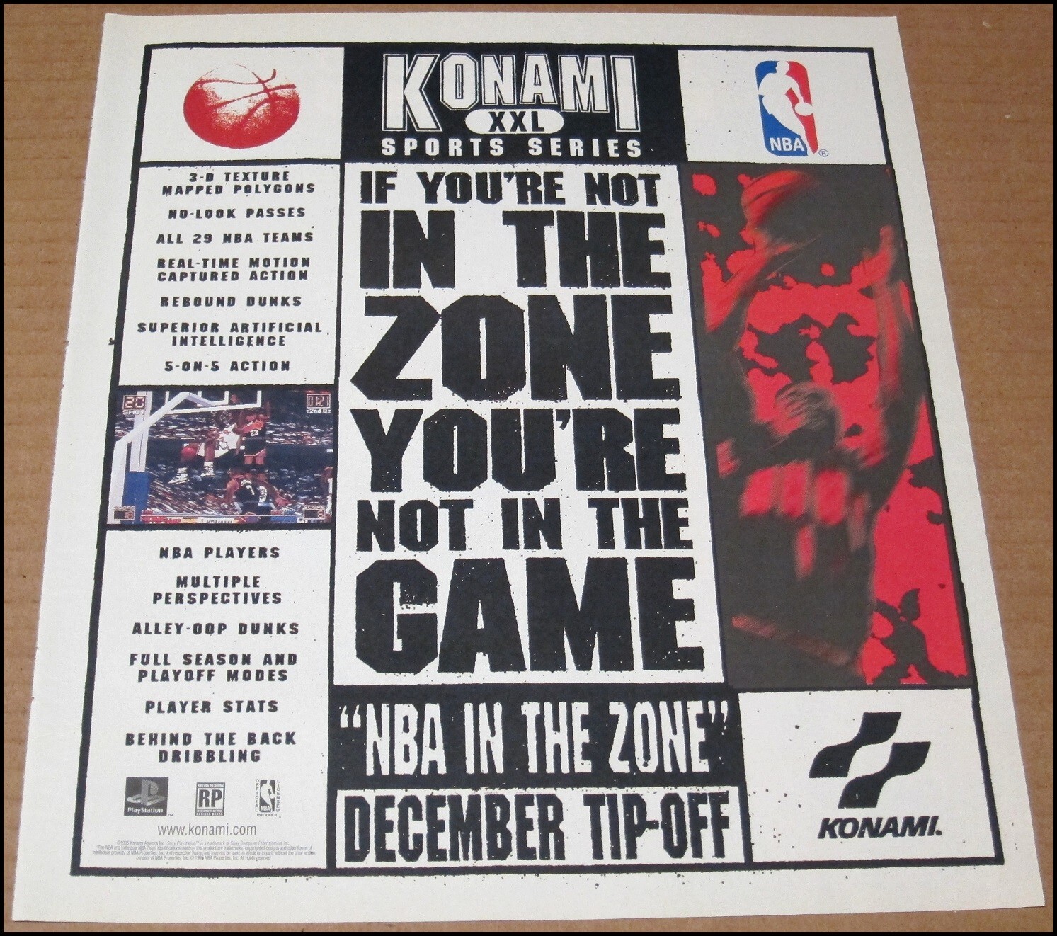 1995 Konami NBA In The Zone Print Ad Video Game Advertisement 10x12 Vintage PS1