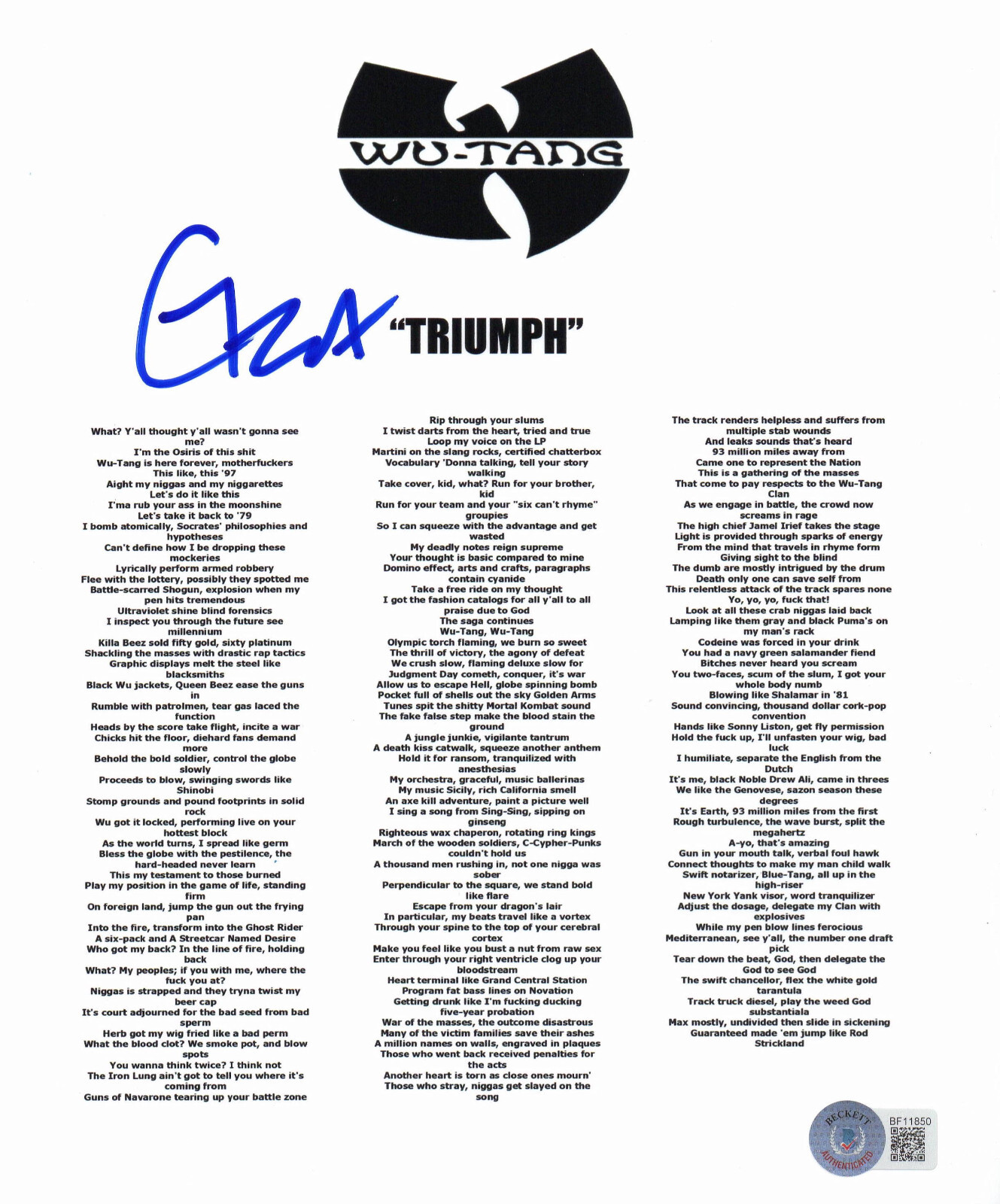 GZA SIGNED AUTOGRAPH WU TANG CLAN TRIUMPH 8.5 x 11 LYRIC SHEET BAS BECKETT COA