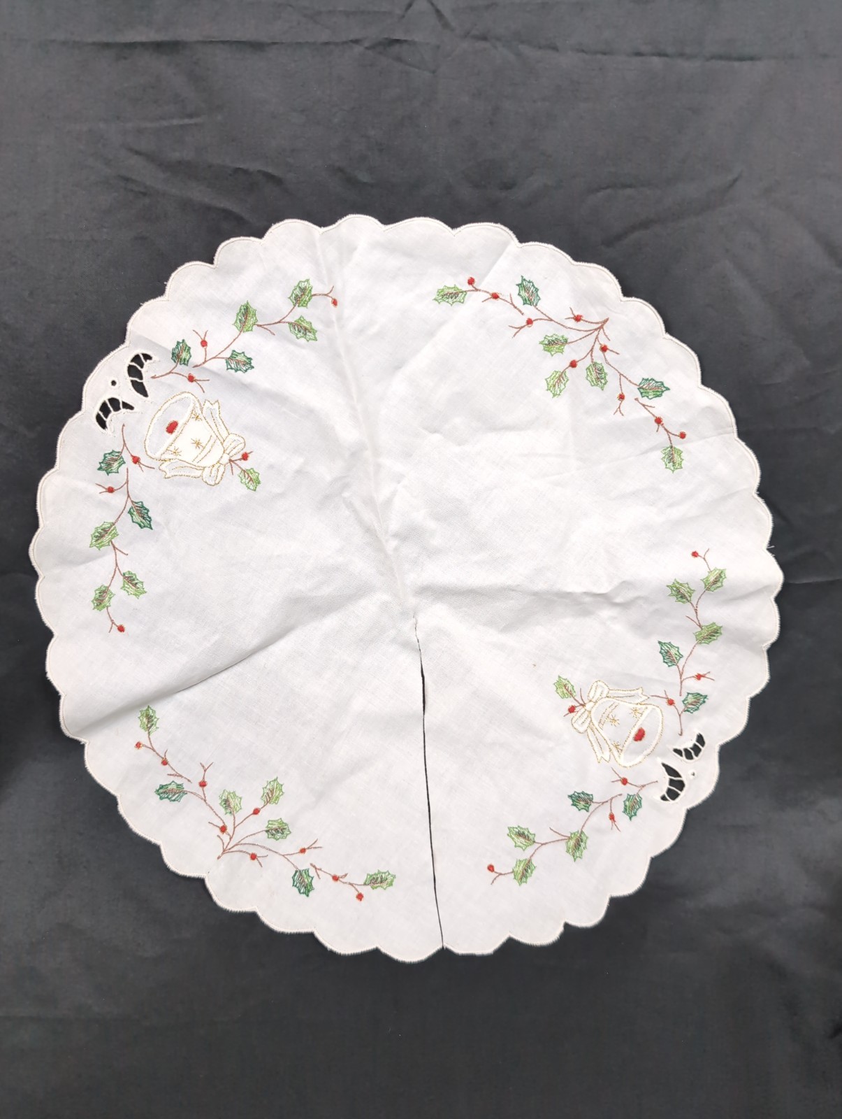 Vintage Embroidered Christmas Miniature Tree Skirt Bells & Holly Doily 18\