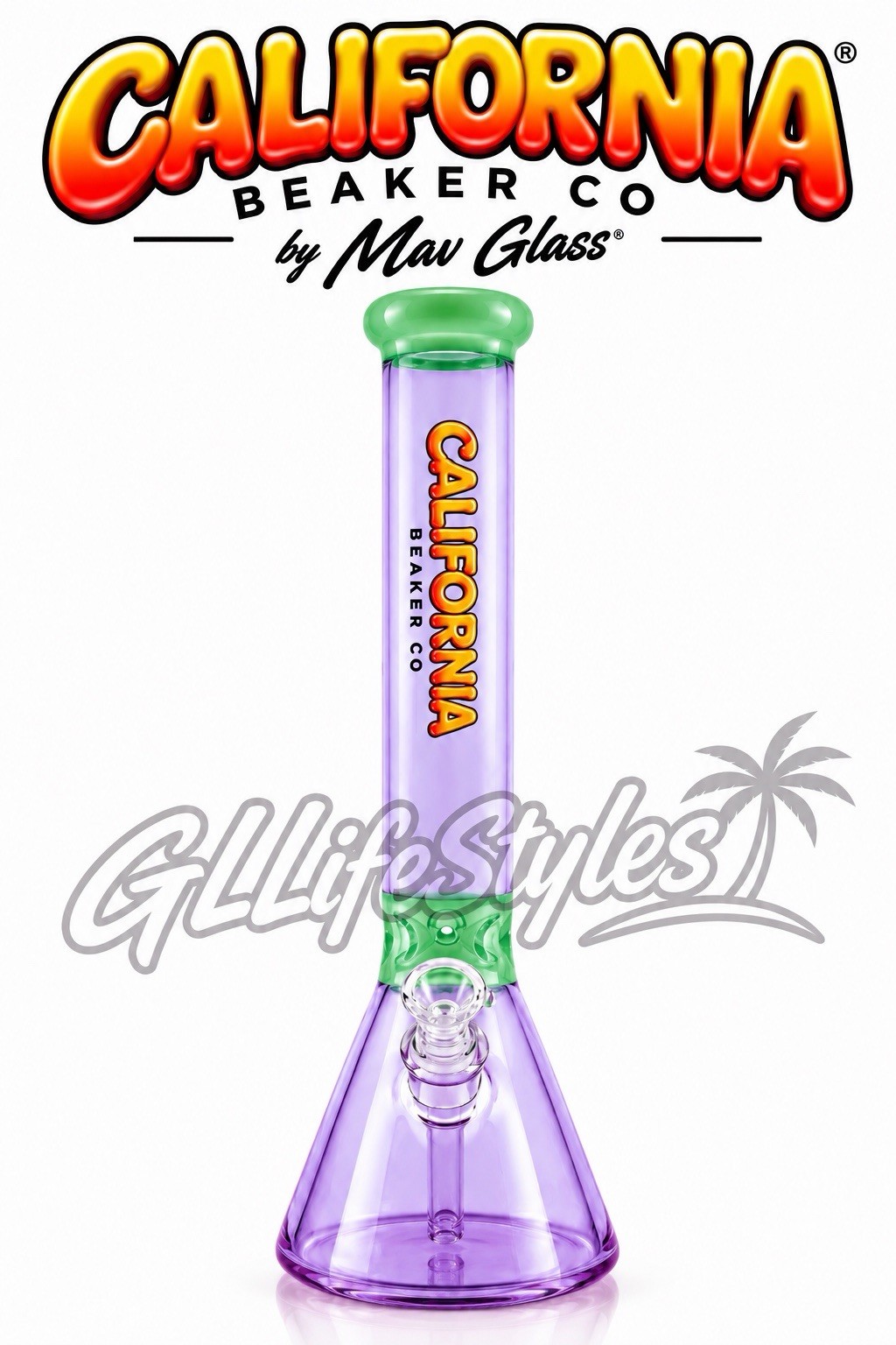 CALIFORNIA BEAKER CO MAV GLASS 13” Water Pipe Bong TRANSPARENT LAVENDER & SLIME